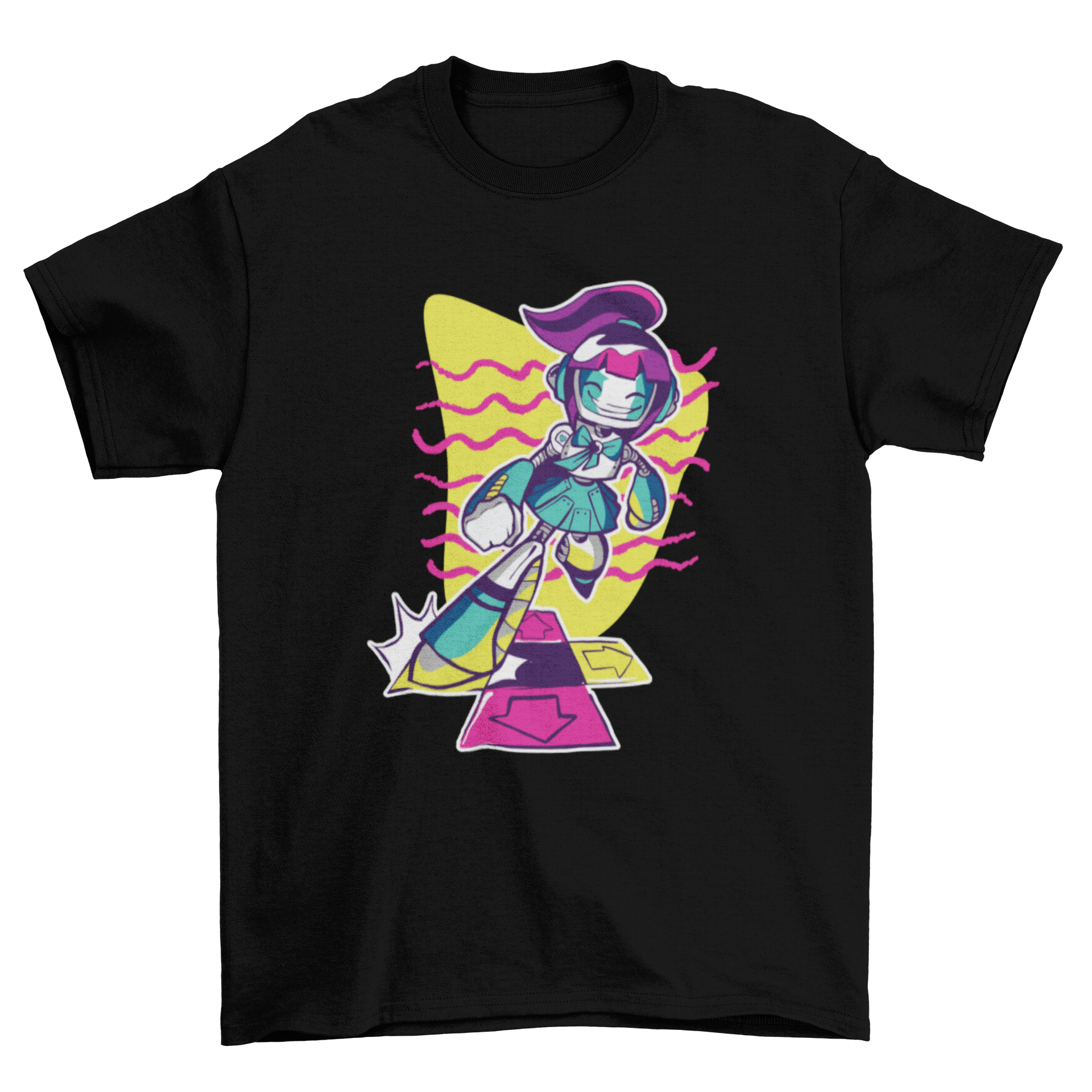 A vibrant graphic T-shirt featuring a robot girl dancing on a pad, inspired by Dance Dance Revolution.