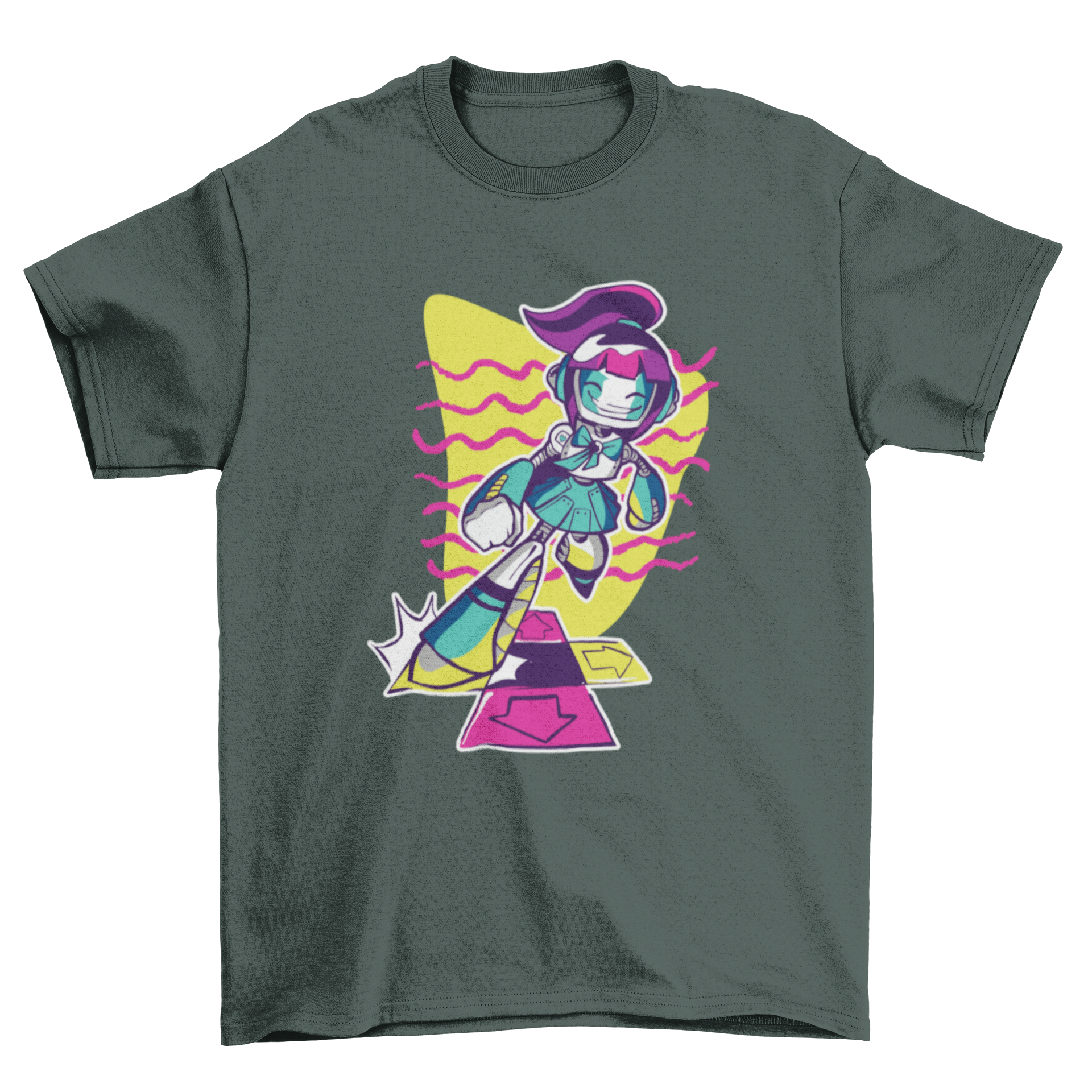 A vibrant graphic T-shirt featuring a robot girl dancing on a pad, inspired by Dance Dance Revolution.