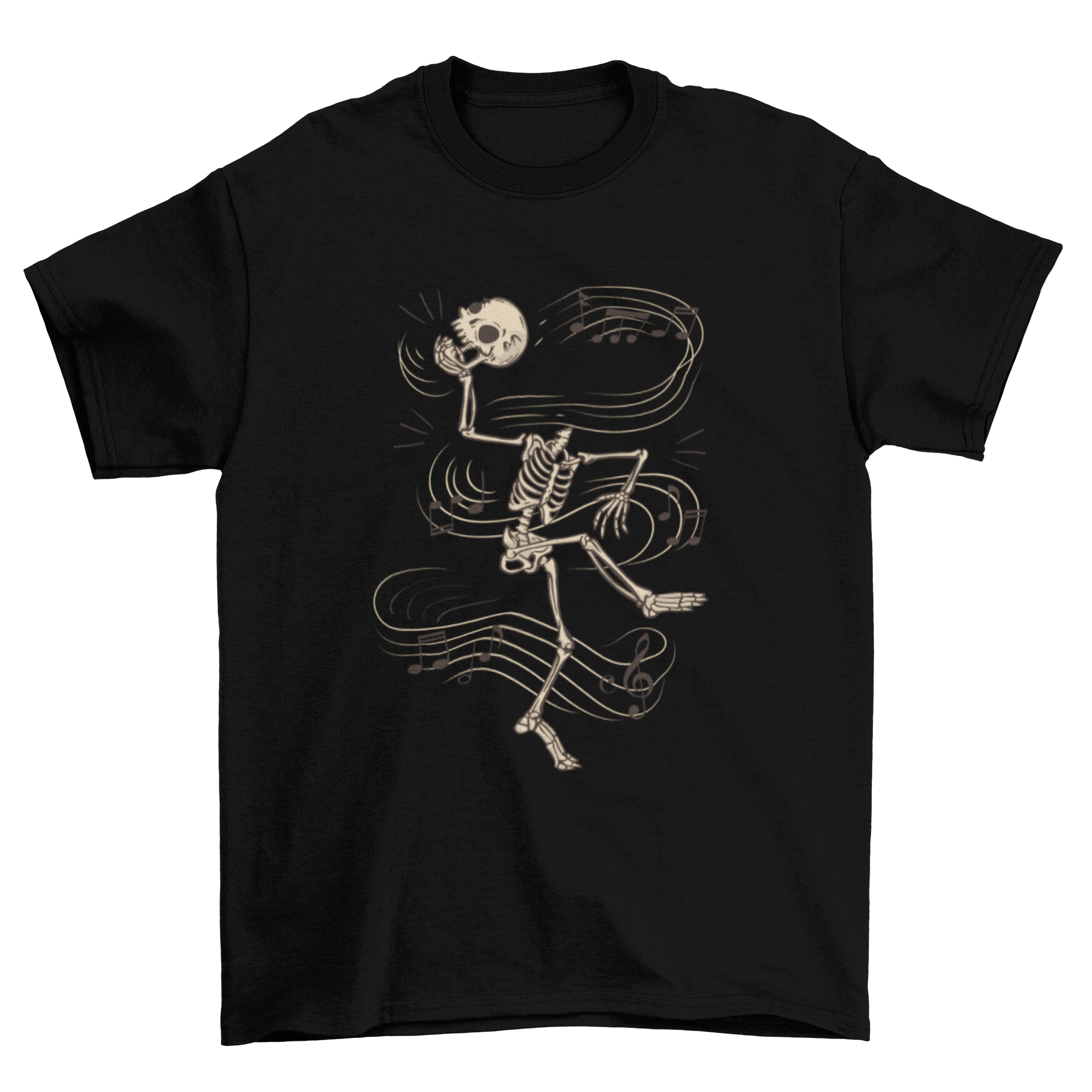 A vibrant cartoon-style t-shirt featuring a dancing skeleton, perfect for Halloween and casual wear.