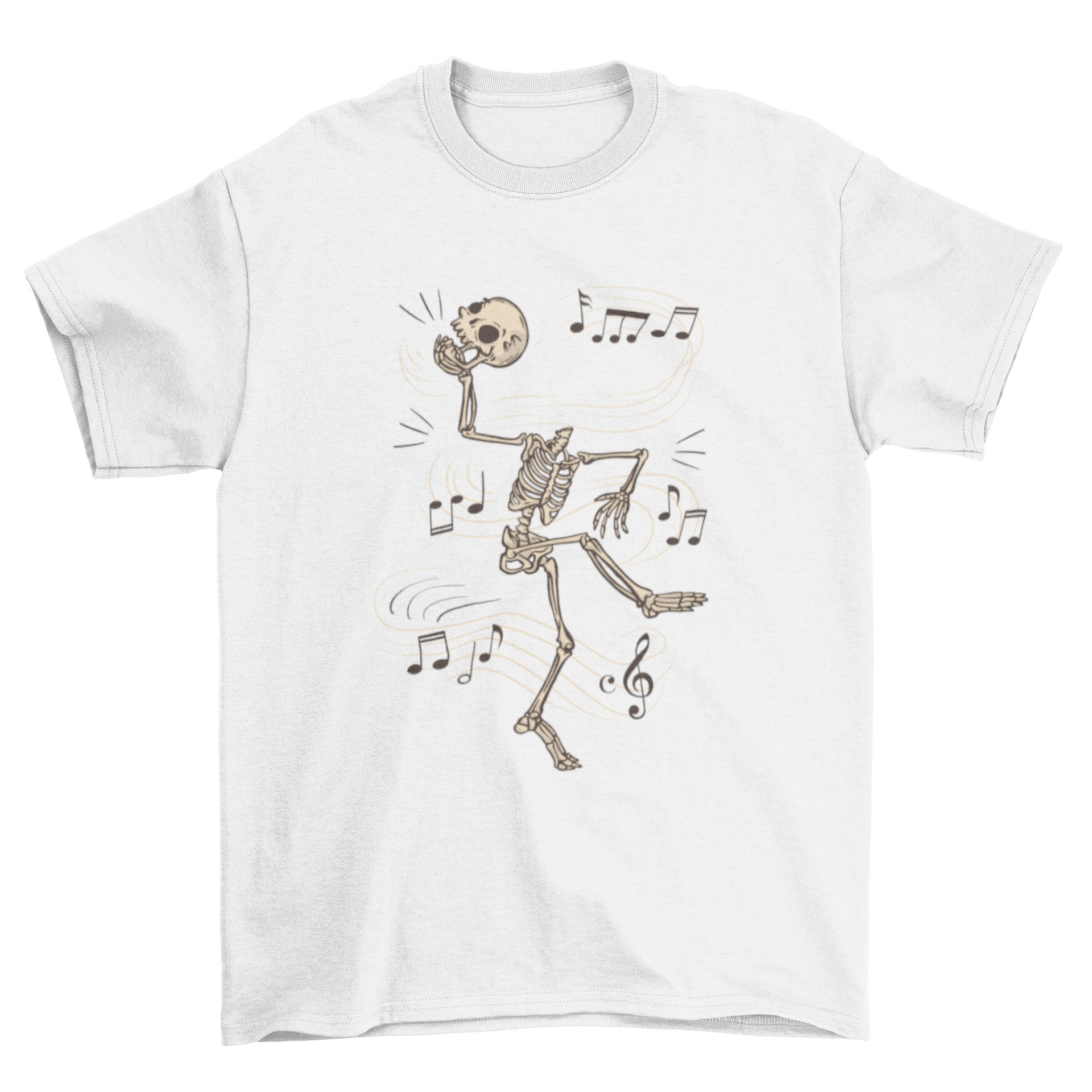 A vibrant cartoon-style t-shirt featuring a dancing skeleton, perfect for Halloween and casual wear.