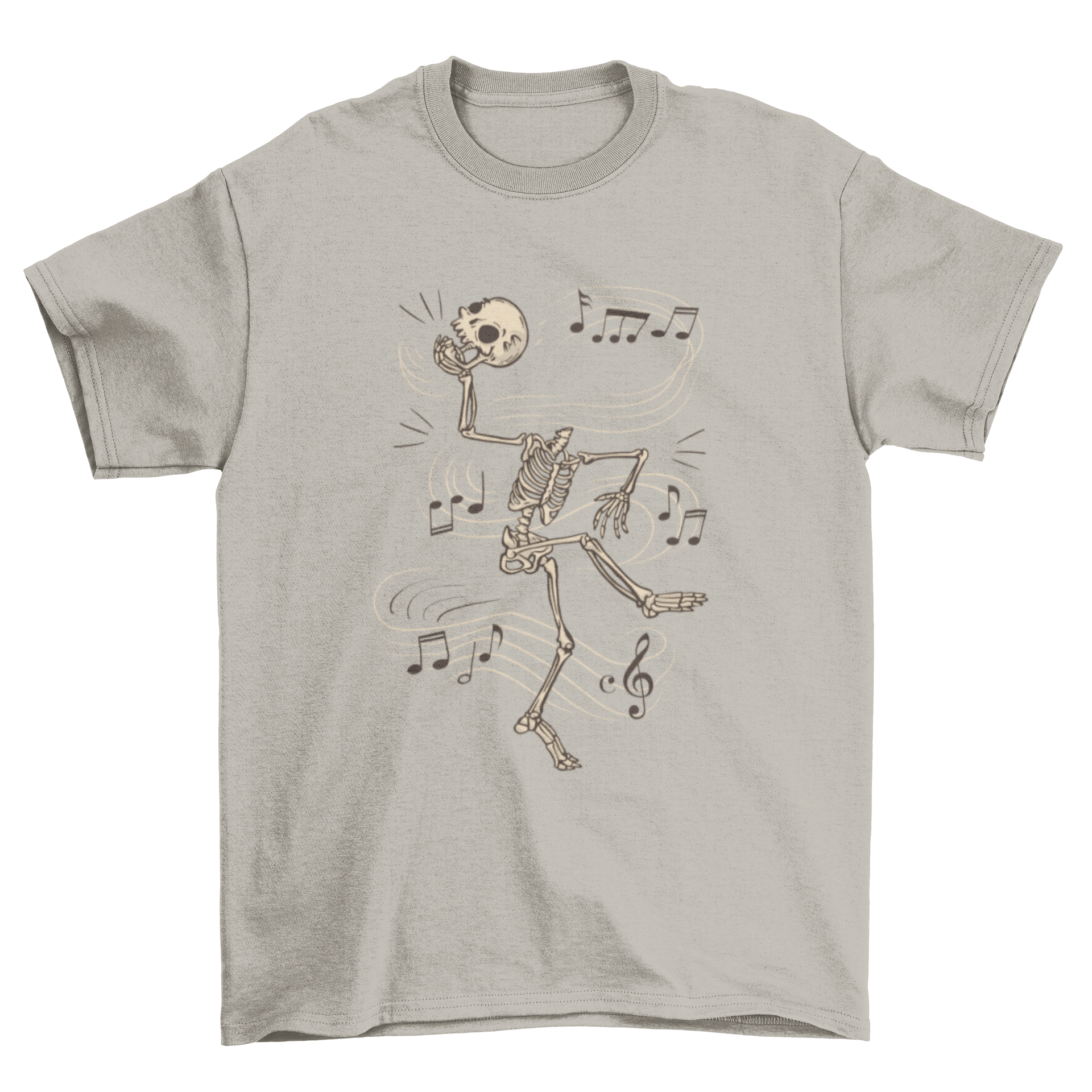 A vibrant cartoon-style t-shirt featuring a dancing skeleton, perfect for Halloween and casual wear.