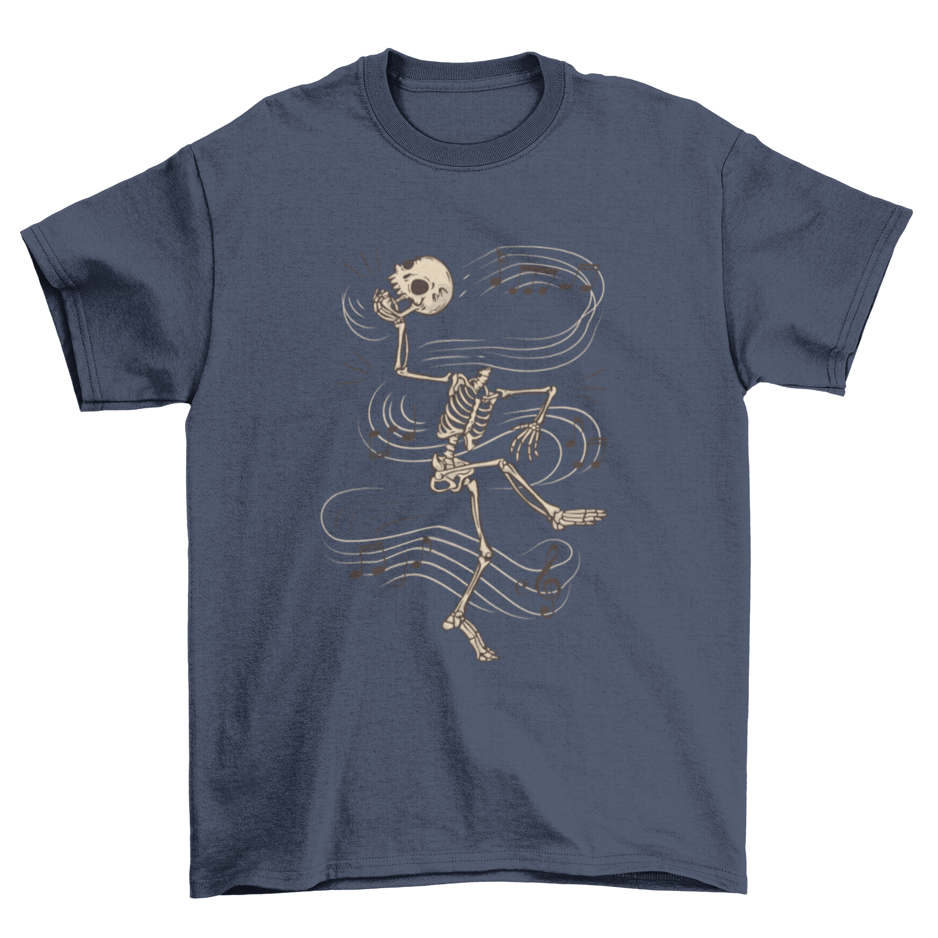 A vibrant cartoon-style t-shirt featuring a dancing skeleton, perfect for Halloween and casual wear.