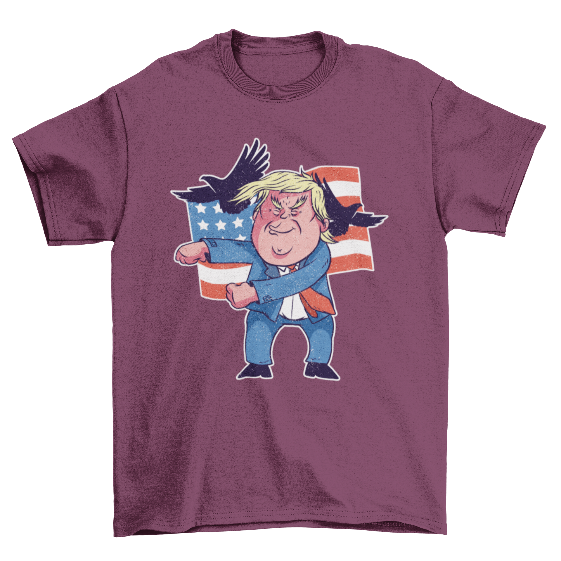 Cartoon figure on purple shirt.