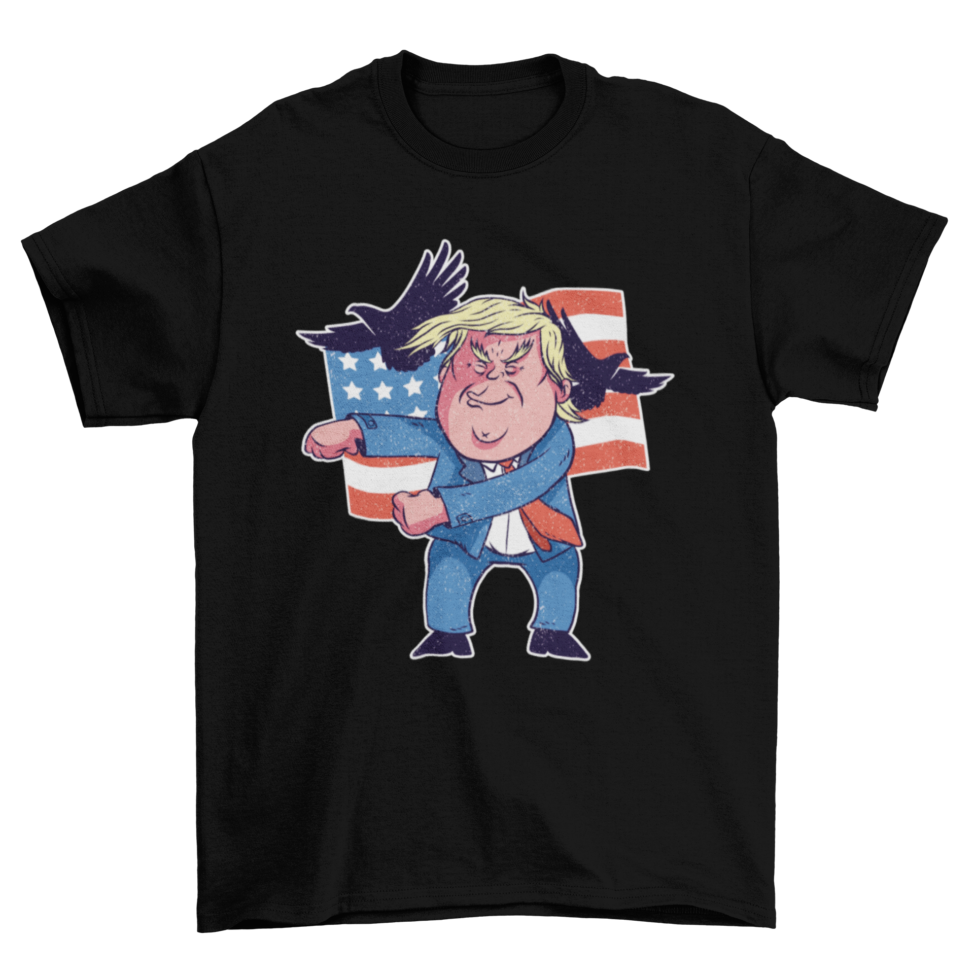 Cartoon character with American flag.