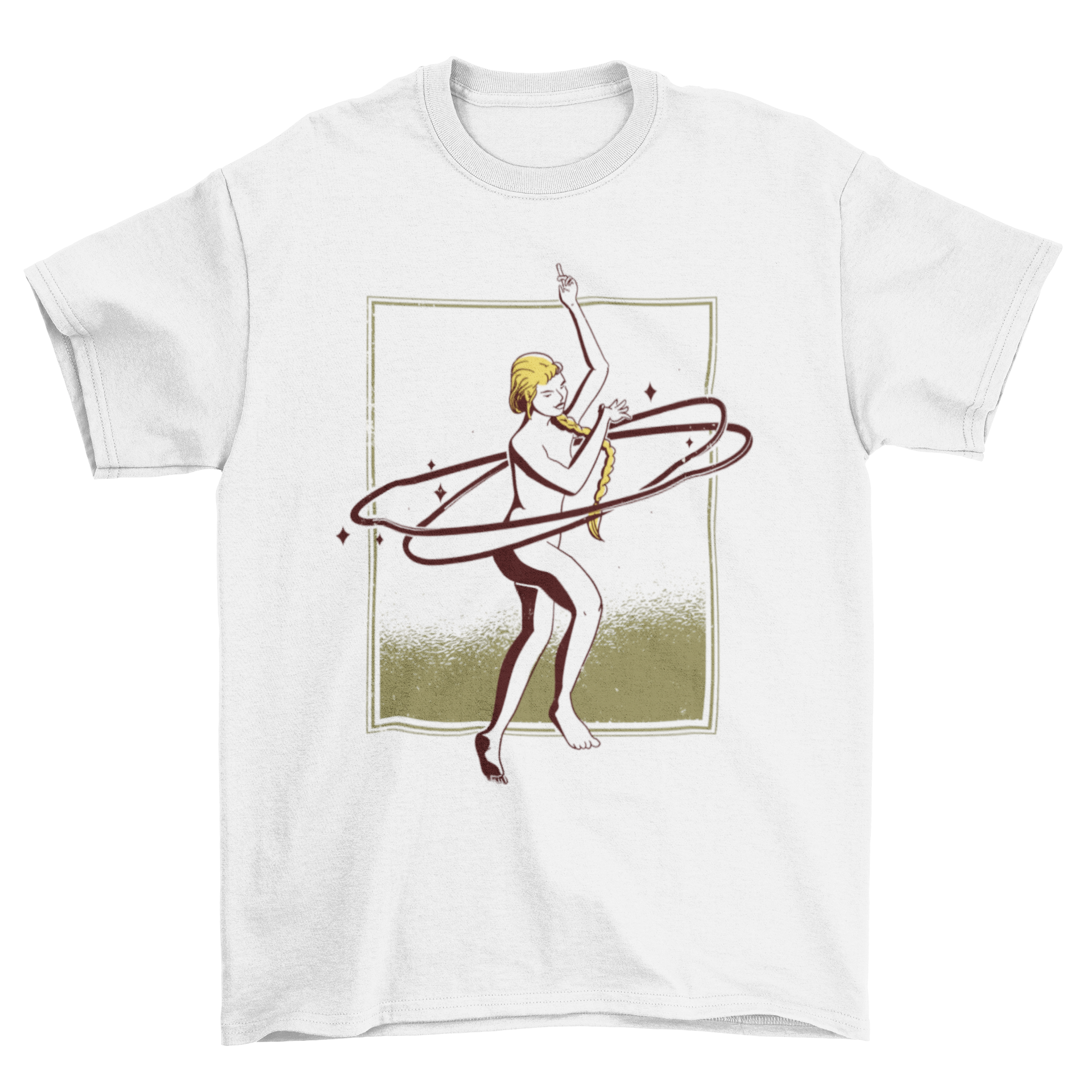 A stylish T-shirt featuring a dancing woman surrounded by sparkles and rings, perfect for dance enthusiasts.