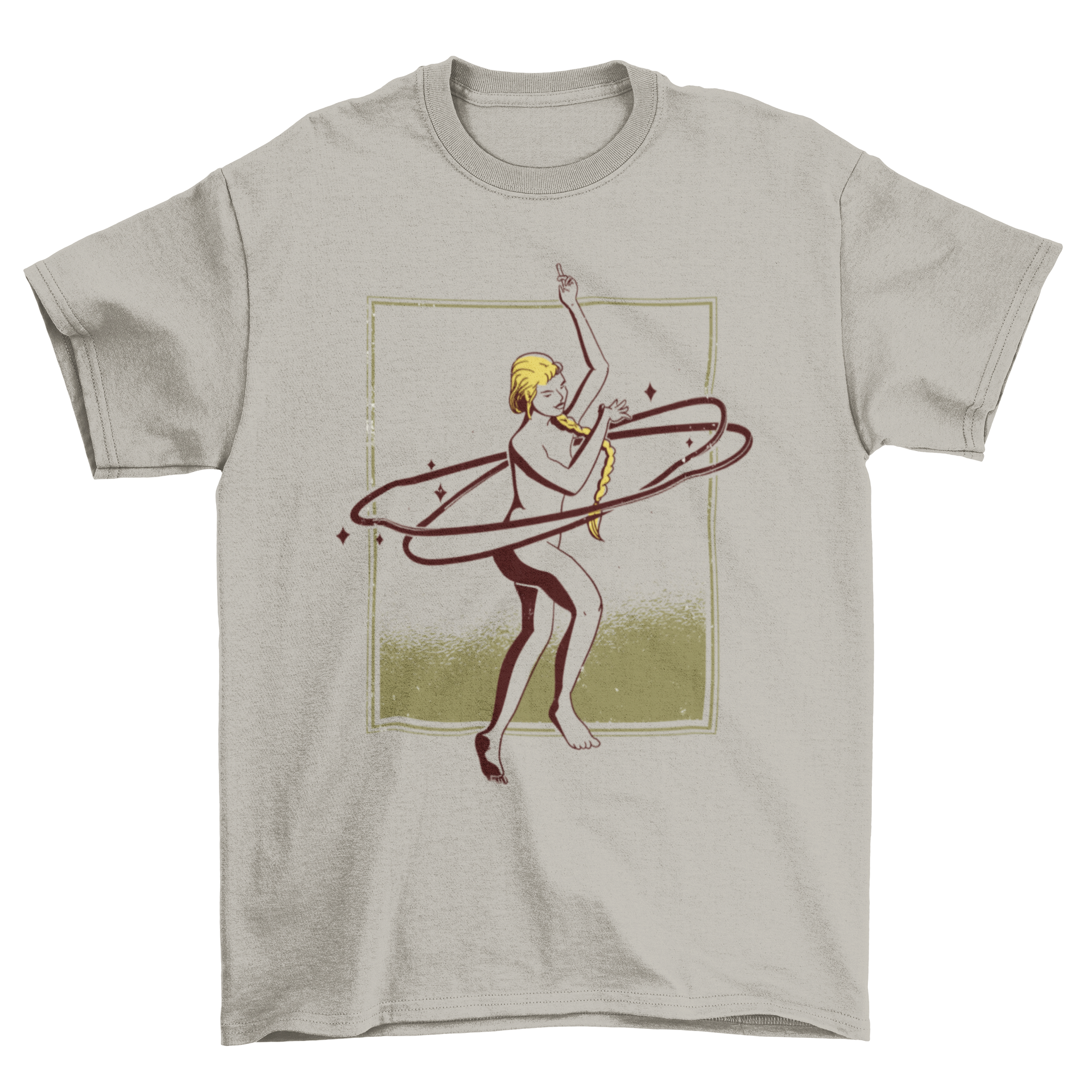 A stylish T-shirt featuring a dancing woman surrounded by sparkles and rings, perfect for dance enthusiasts.