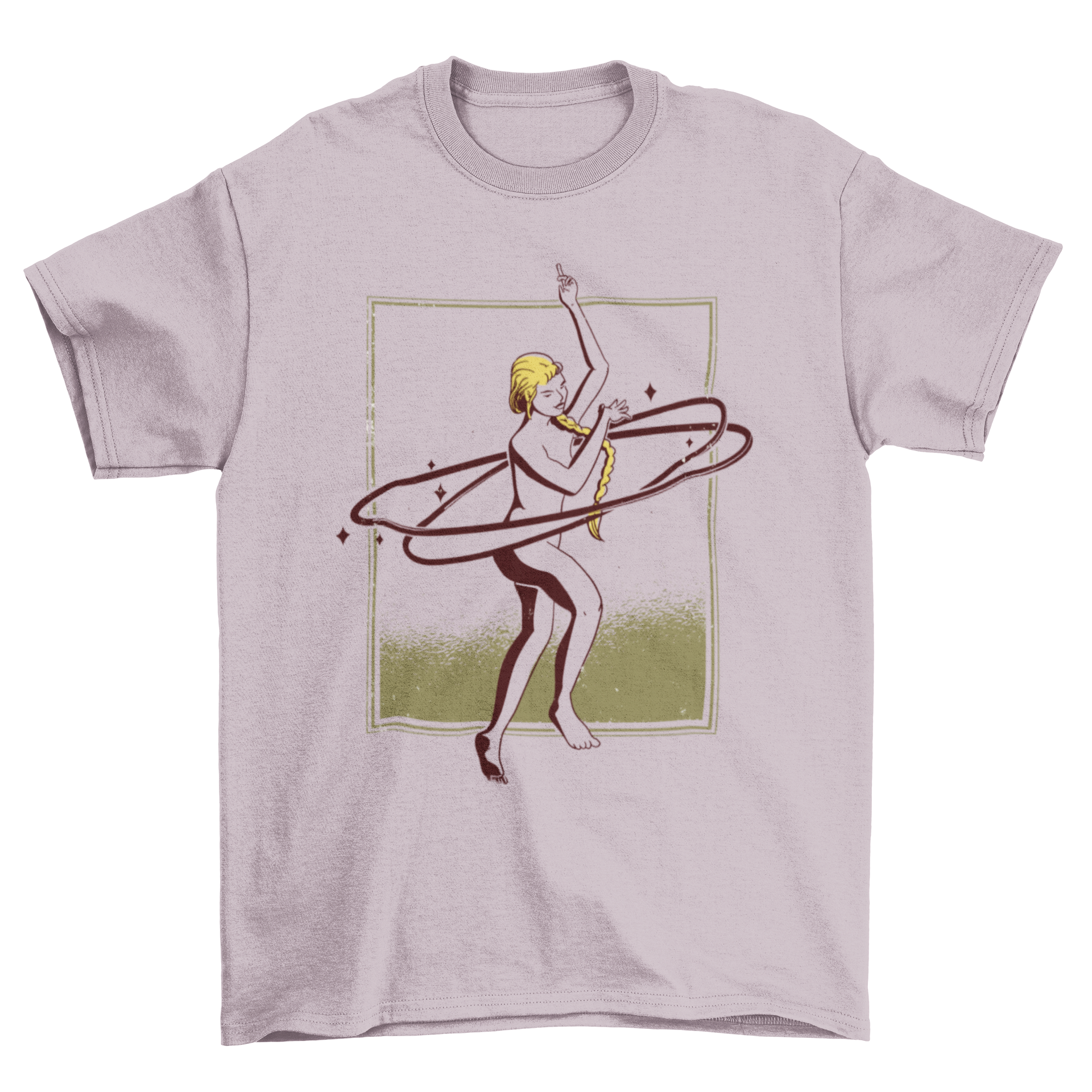 A stylish T-shirt featuring a dancing woman surrounded by sparkles and rings, perfect for dance enthusiasts.