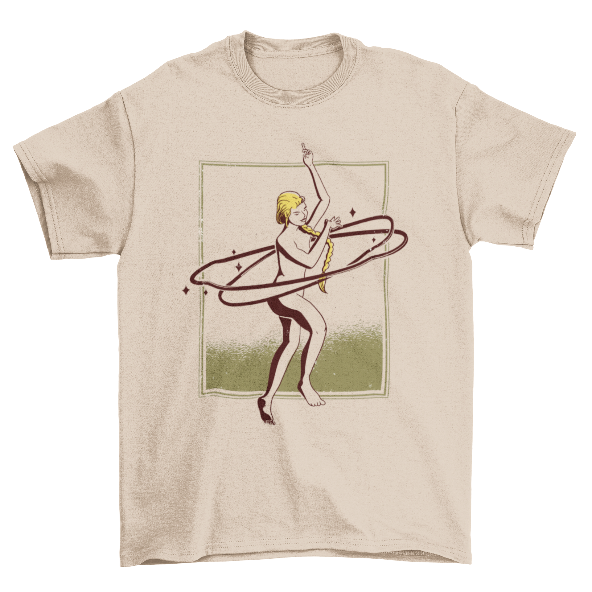 A stylish T-shirt featuring a dancing woman surrounded by sparkles and rings, perfect for dance enthusiasts.