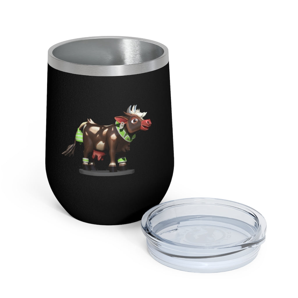 Dark Brown Cow 12oz Insulated Wine Tumbler with clear lid, showcasing its sleek design and stainless steel construction.