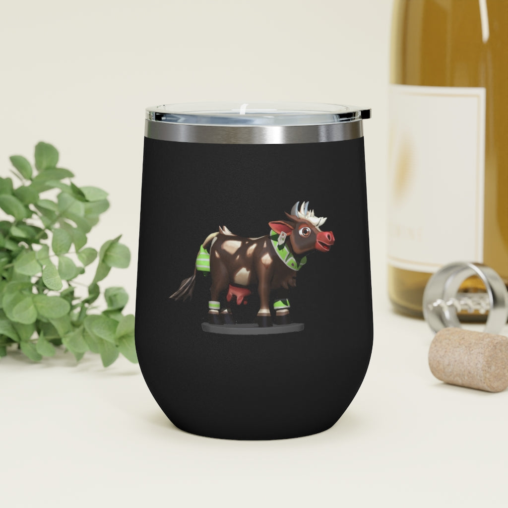 Dark Brown Cow 12oz Insulated Wine Tumbler with clear lid, showcasing its sleek design and stainless steel construction.