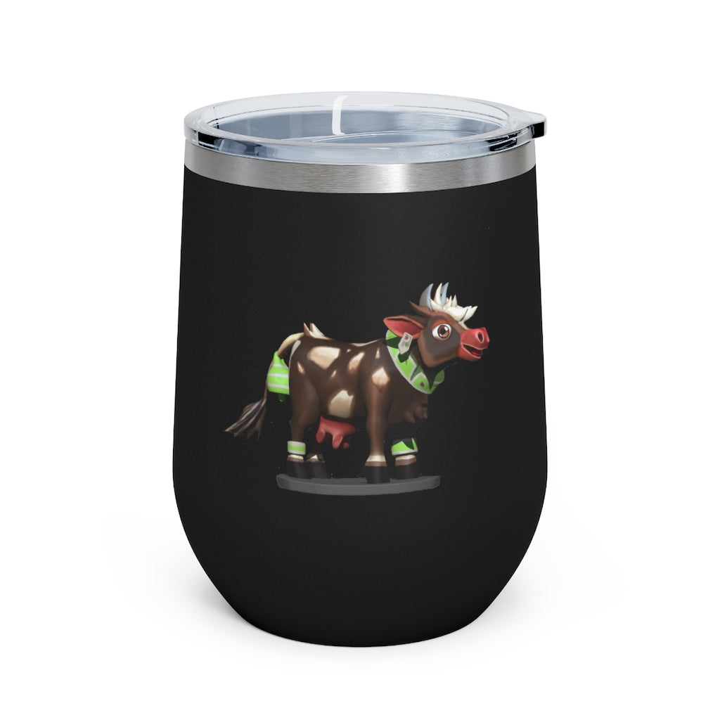 Dark Brown Cow 12oz Insulated Wine Tumbler with clear lid, showcasing its sleek design and stainless steel construction.