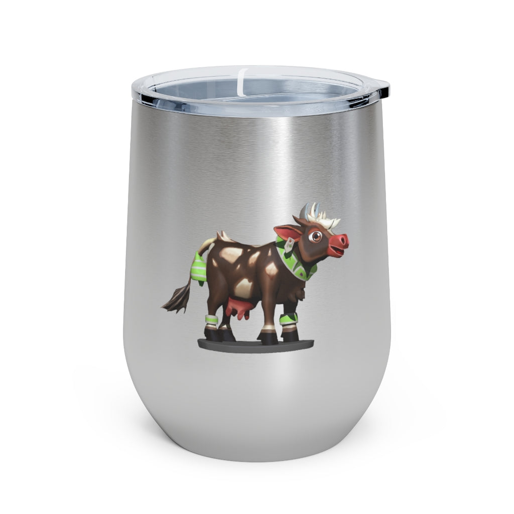 Dark Brown Cow 12oz Insulated Wine Tumbler with clear lid, showcasing its sleek design and stainless steel construction.