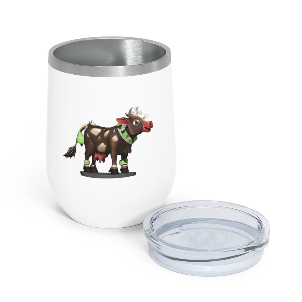 Dark Brown Cow 12oz Insulated Wine Tumbler with clear lid, showcasing its sleek design and stainless steel construction.