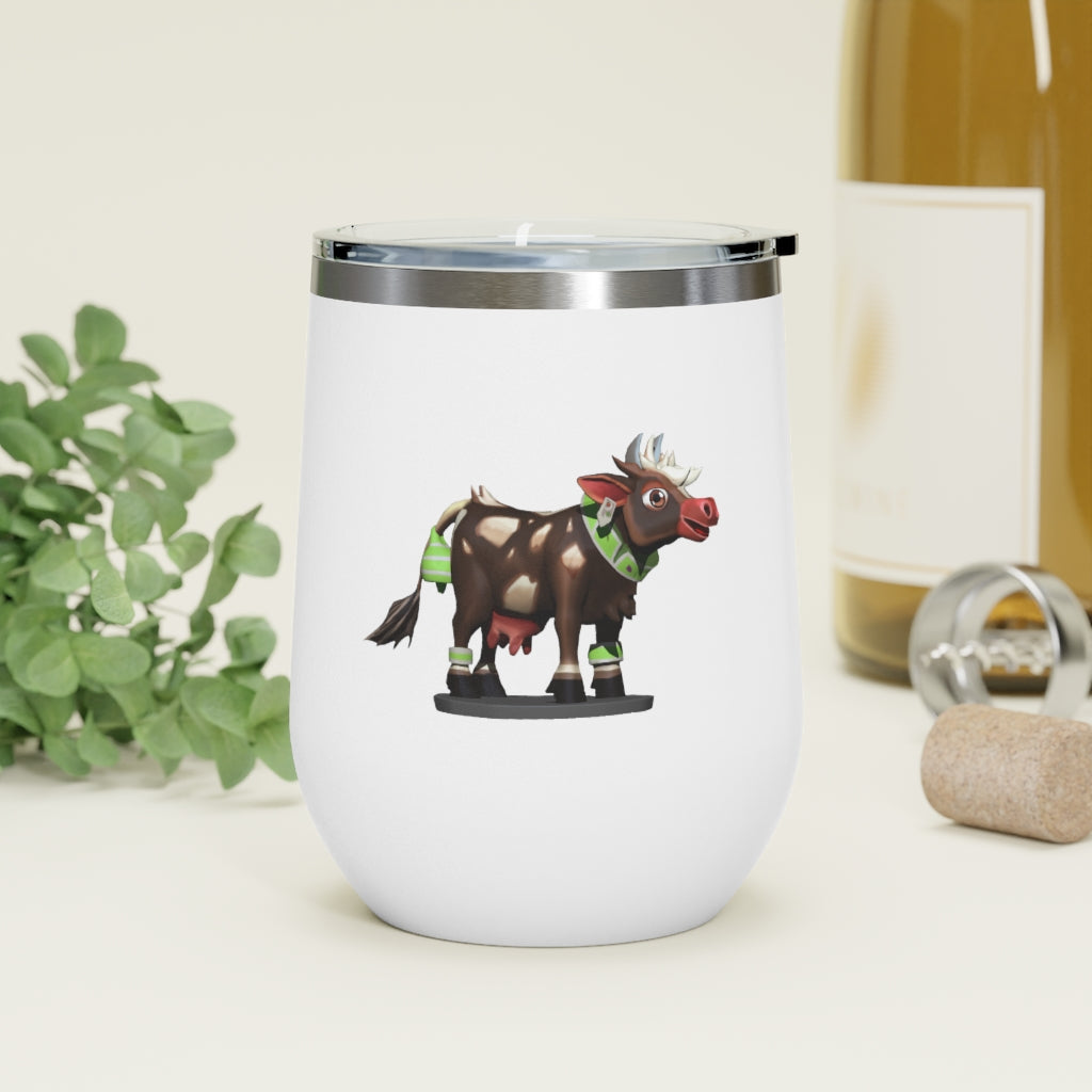 Dark Brown Cow 12oz Insulated Wine Tumbler with clear lid, showcasing its sleek design and stainless steel construction.