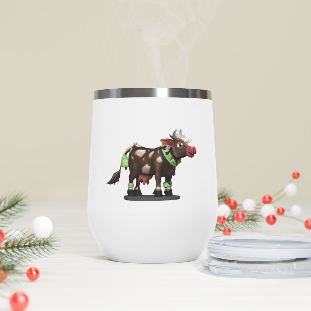 Dark Brown Cow 12oz Insulated Wine Tumbler with clear lid, showcasing its sleek design and stainless steel construction.