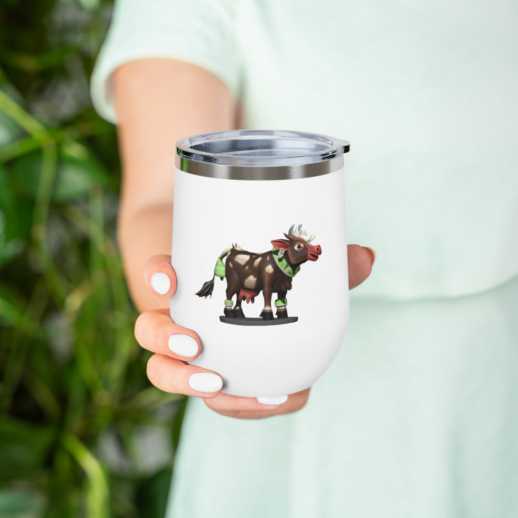 Dark Brown Cow 12oz Insulated Wine Tumbler with clear lid, showcasing its sleek design and stainless steel construction.