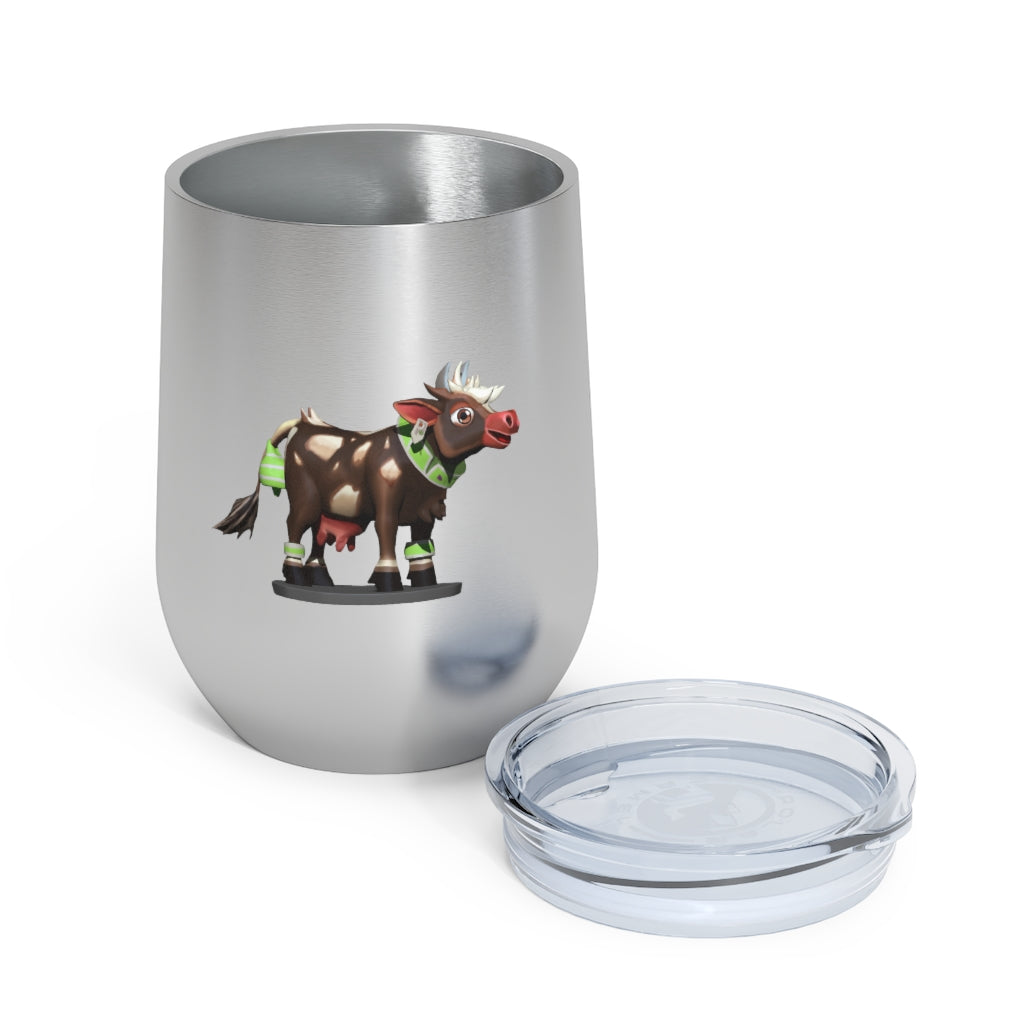 Dark Brown Cow 12oz Insulated Wine Tumbler with clear lid, showcasing its sleek design and stainless steel construction.