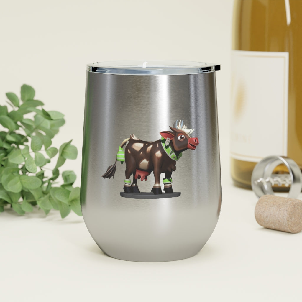 Dark Brown Cow 12oz Insulated Wine Tumbler with clear lid, showcasing its sleek design and stainless steel construction.