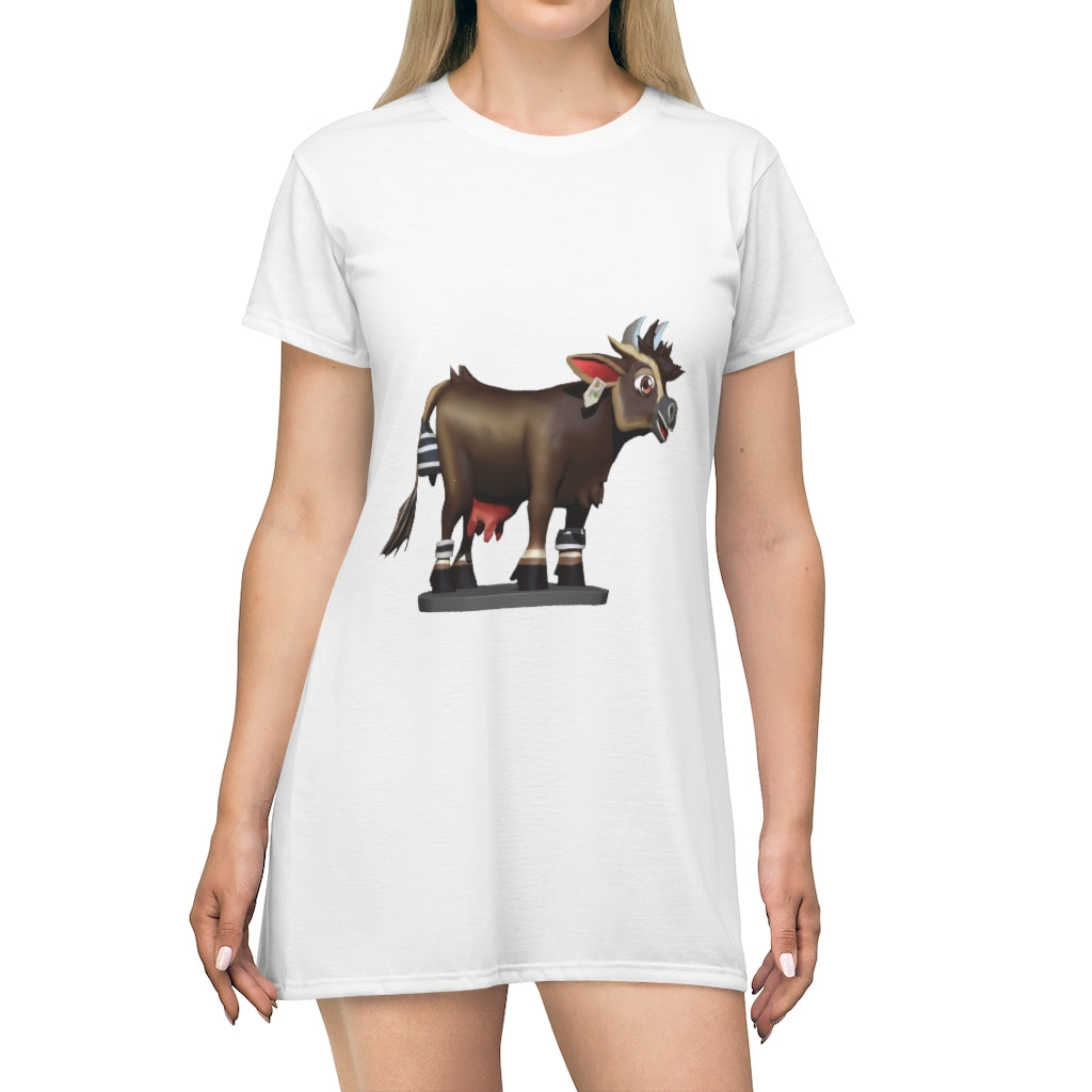 Dark brown cow print T-shirt dress, showcasing a unique all-over design and tagless comfort.