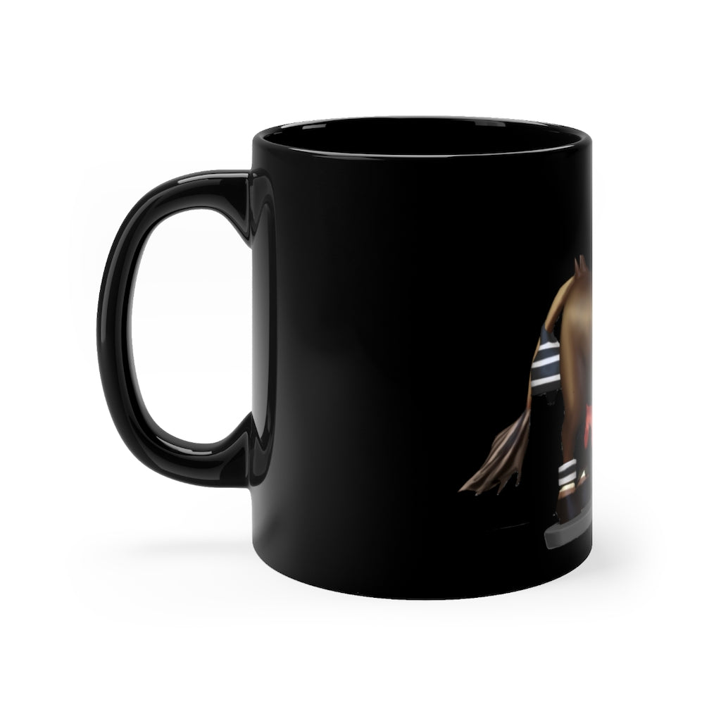 Dark Brown Cow Black mug, 11oz capacity, featuring a sleek black ceramic design with rounded corners and a comfortable C-handle.