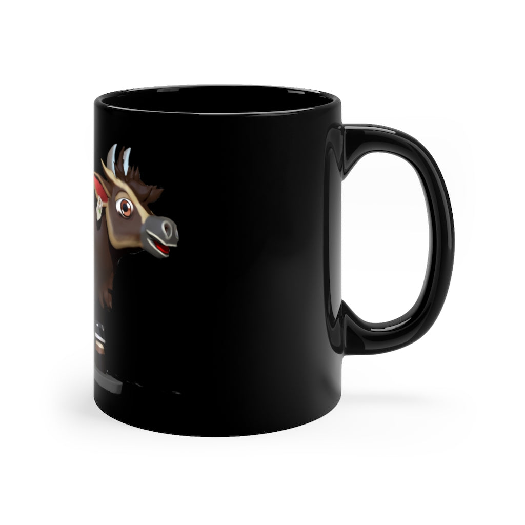 Dark Brown Cow Black mug, 11oz capacity, featuring a sleek black ceramic design with rounded corners and a comfortable C-handle.