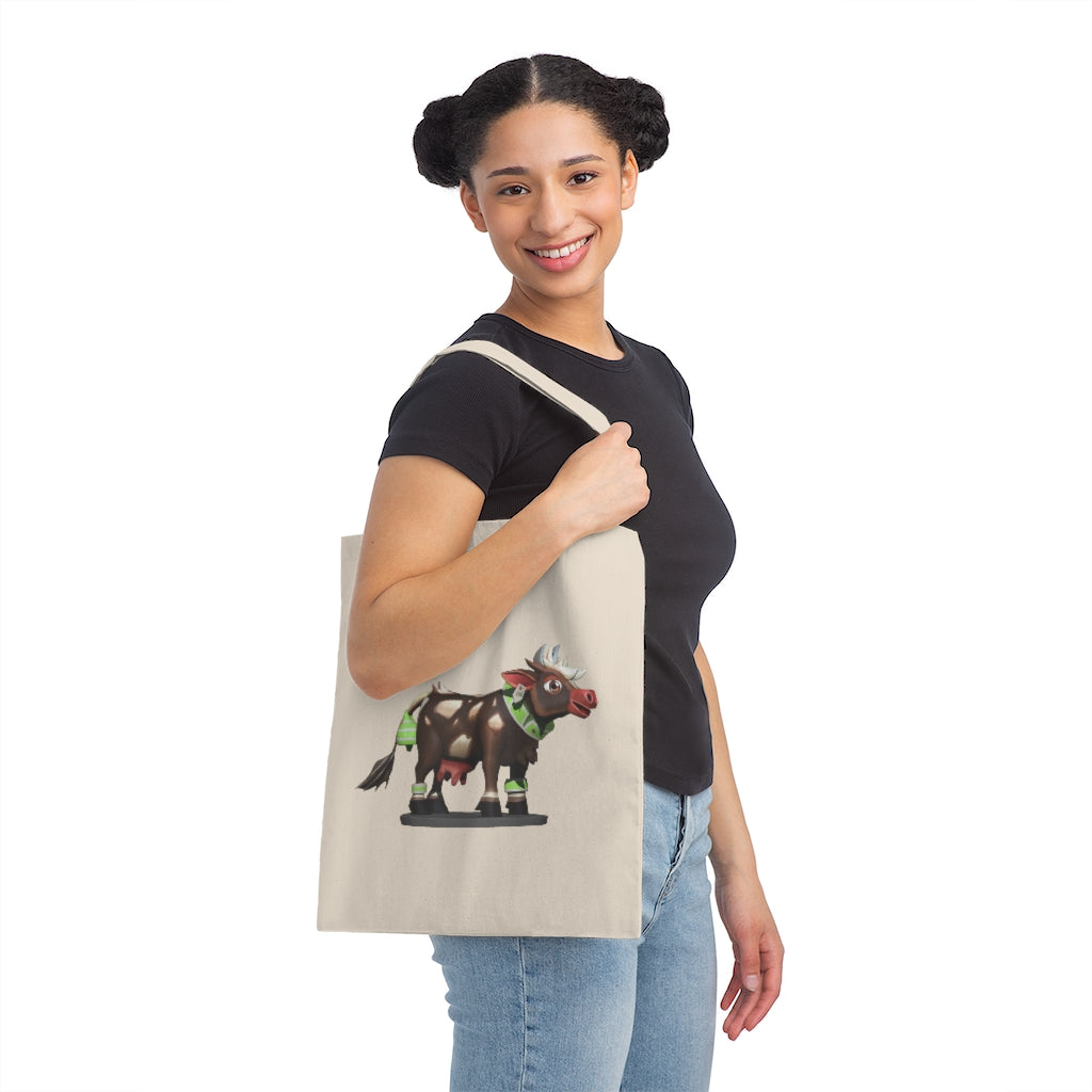 Dark Brown Cow Canvas Tote Bag with reinforced handles, made from 100% cotton sheeting, ideal for shopping and everyday use.