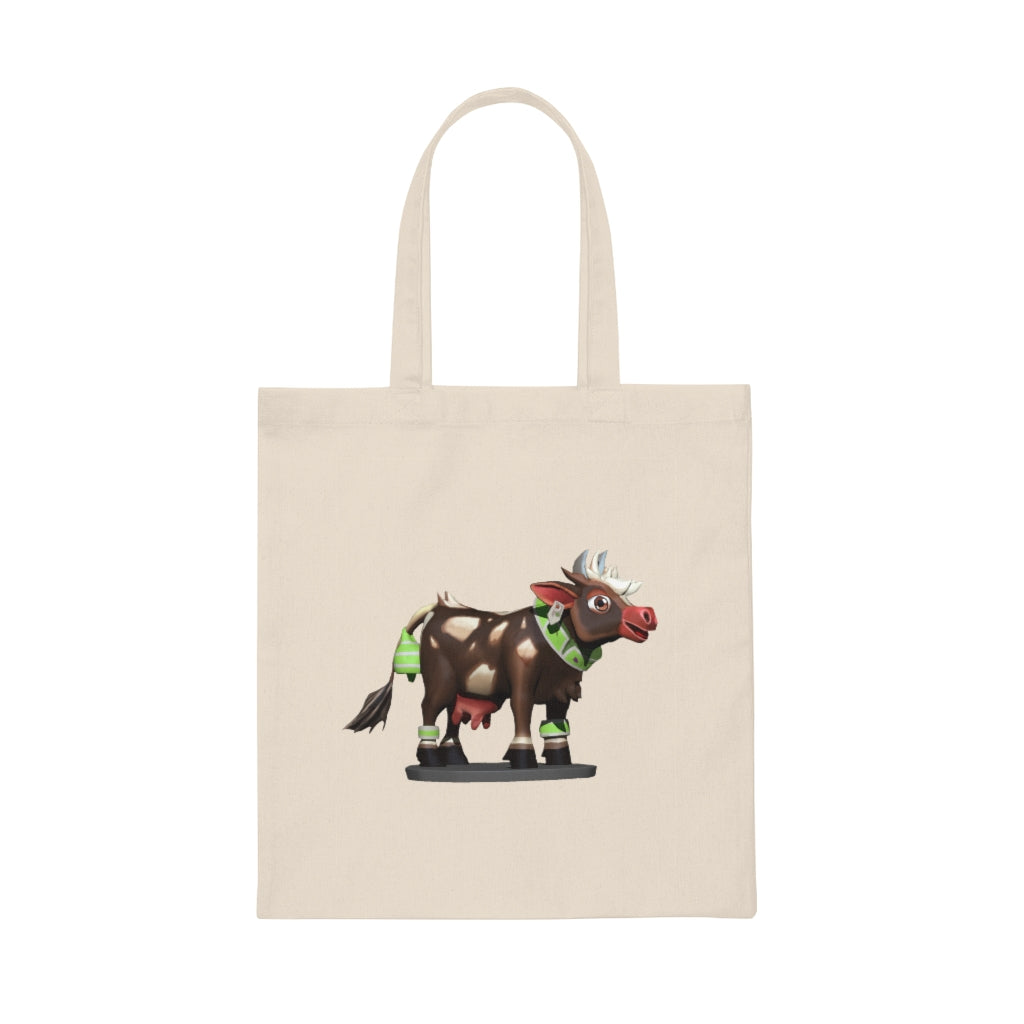 Dark Brown Cow Canvas Tote Bag with reinforced handles, made from 100% cotton sheeting, ideal for shopping and everyday use.