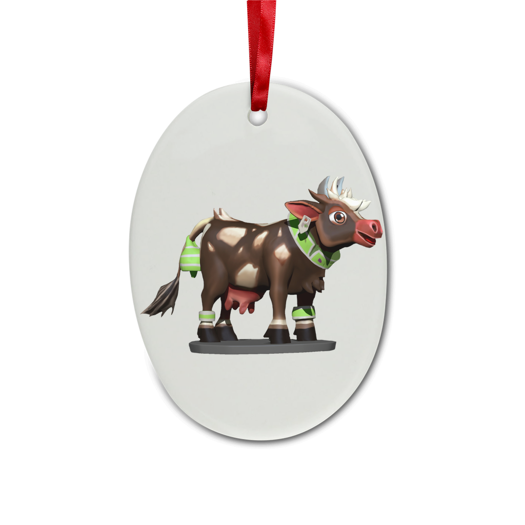 Dark Brown Cow Ceramic Hanging Ornament with red ribbon and gold string, perfect for Christmas decoration.