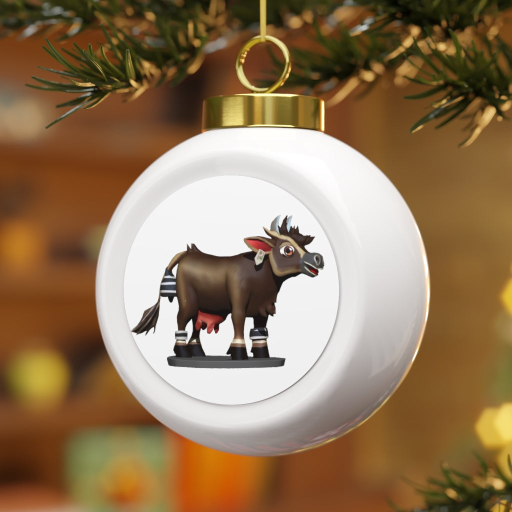 Dark Brown Cow Christmas Ball Ornament with glossy finish and gold ribbon, featuring a vintage design.