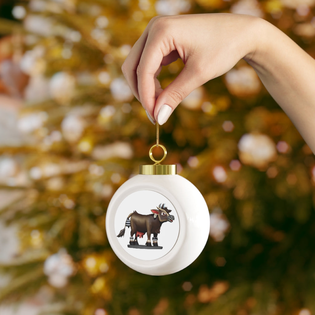 Dark Brown Cow Christmas Ball Ornament with glossy finish and gold ribbon, featuring a vintage design.