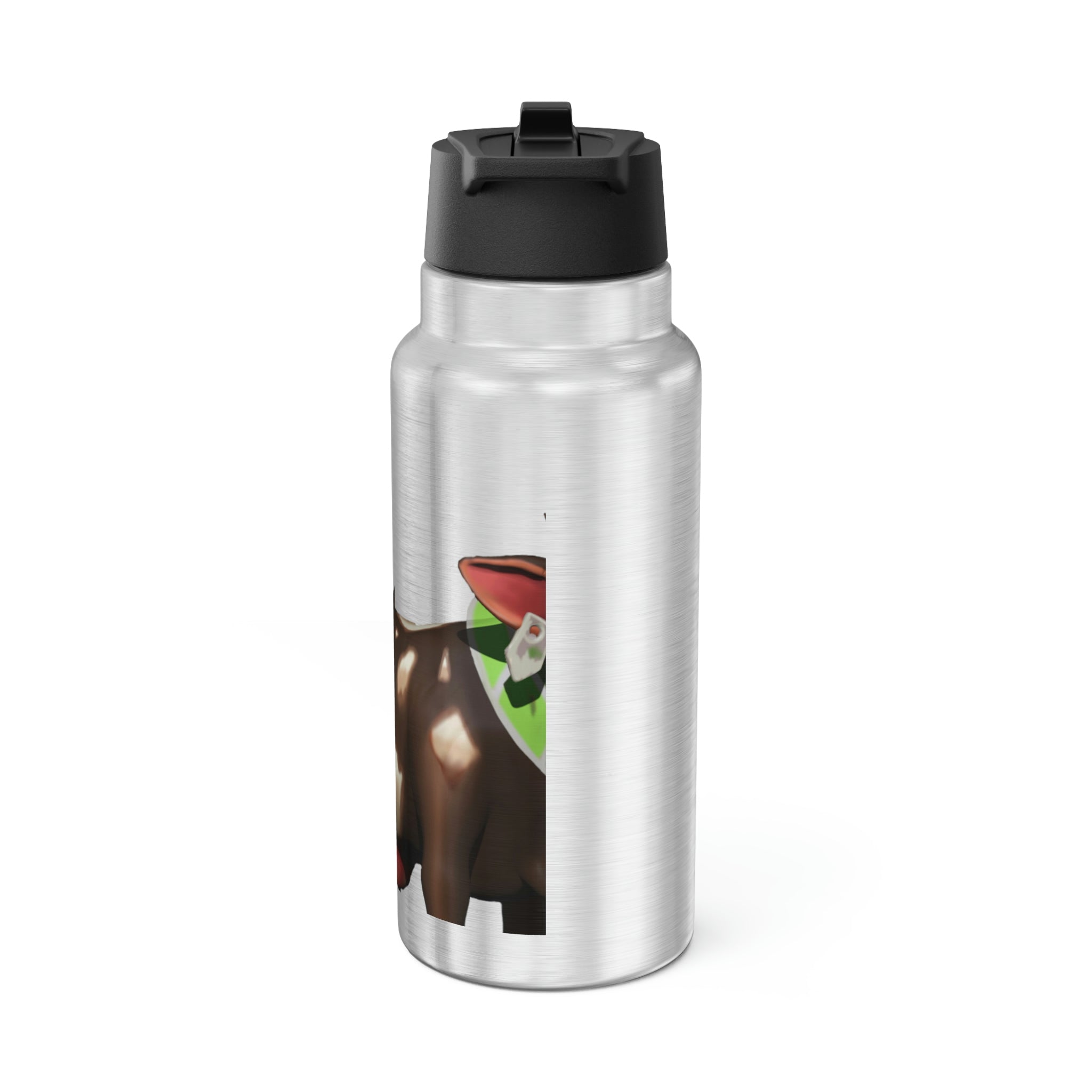 Dark Brown Cow Gator Tumbler, 32oz, stainless steel with a black plastic cap and straw, featuring a customizable design.