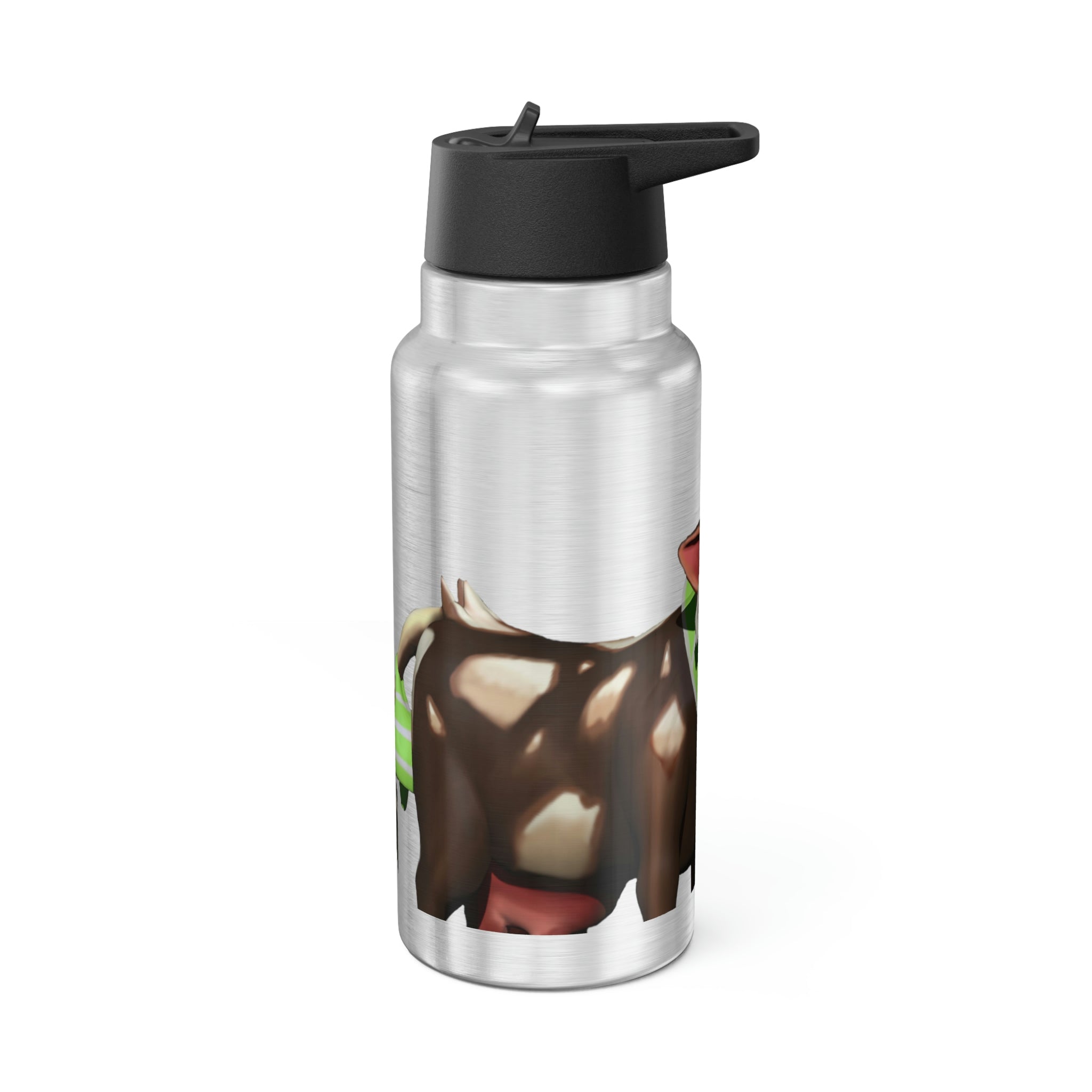 Dark Brown Cow Gator Tumbler, 32oz, stainless steel with a black plastic cap and straw, featuring a customizable design.