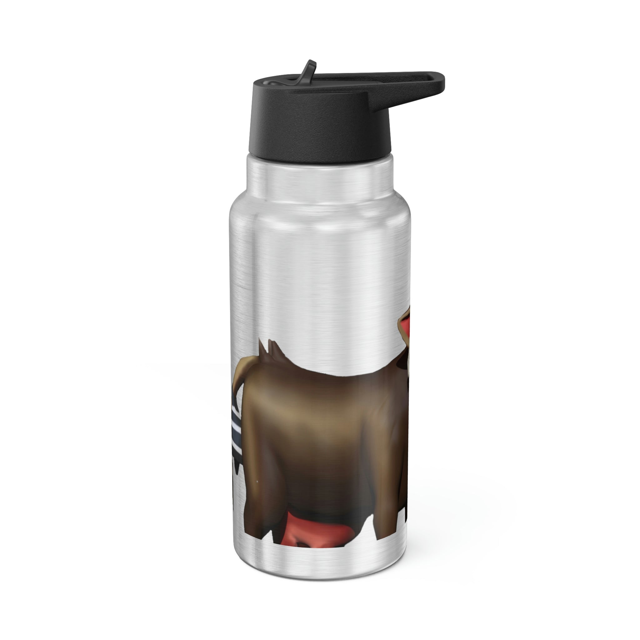 Dark Brown Cow Gator Tumbler, 32oz, stainless steel with a black plastic cap and straw, showcasing a customizable design.