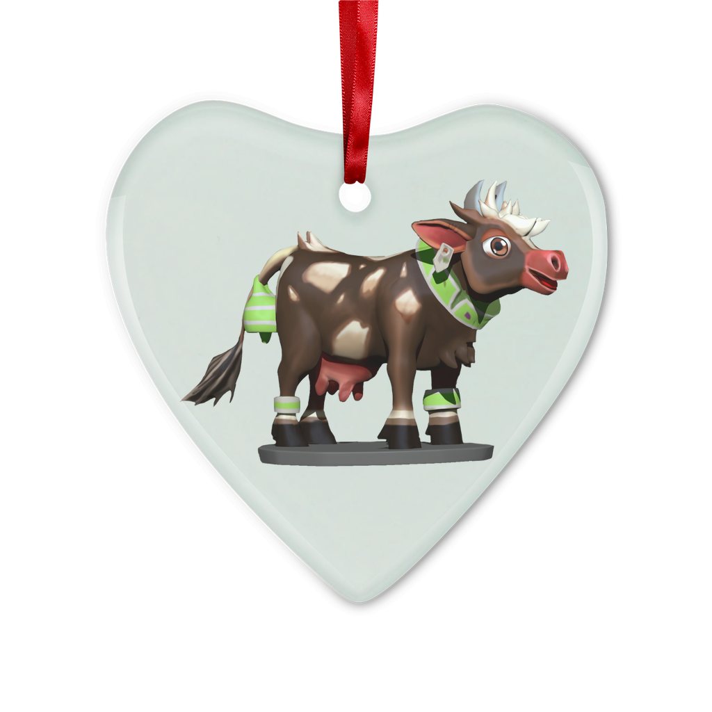 Dark Brown Cow Glass Hanging Ornament with red ribbon and gold string, perfect for Christmas tree decoration.