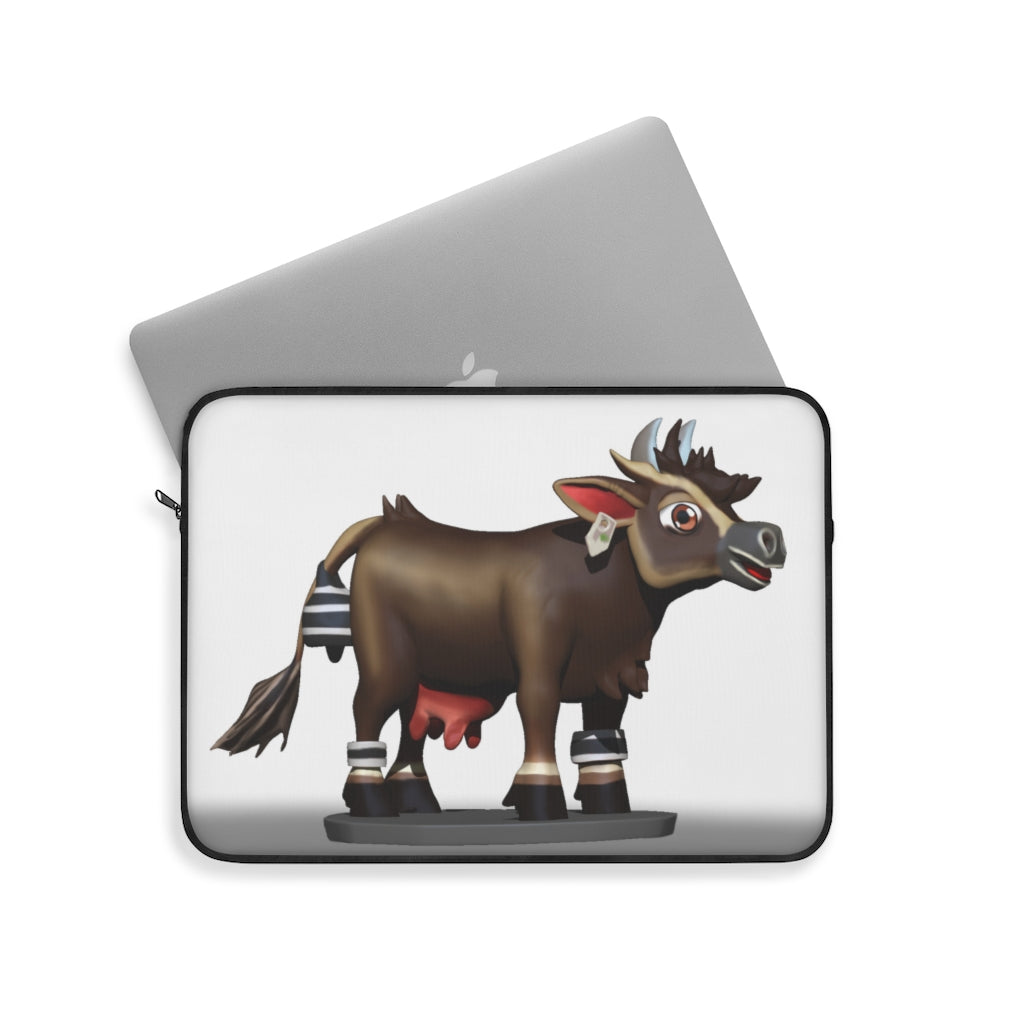 Dark Brown Cow Laptop Sleeve featuring a stylish cow print design with a black backside and zipper.