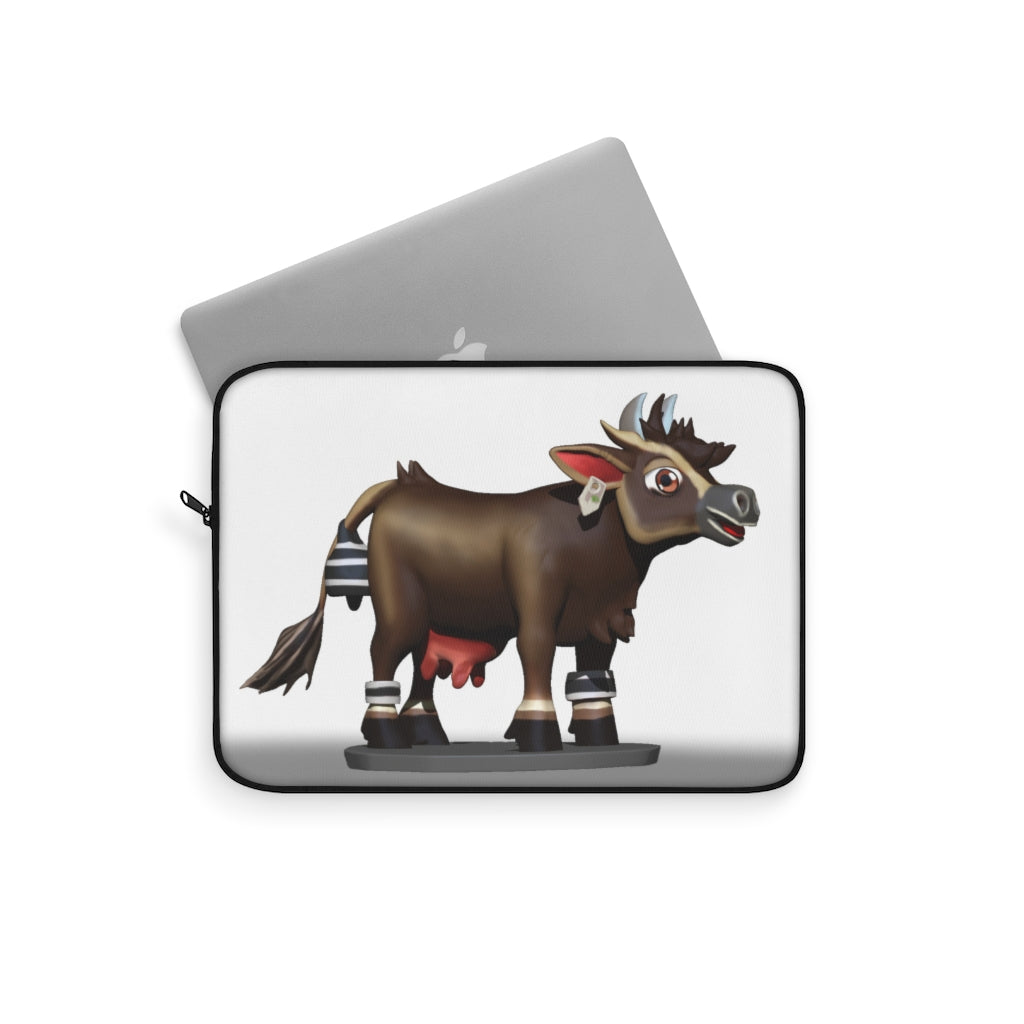 Dark Brown Cow Laptop Sleeve featuring a stylish cow print design with a black backside and zipper.