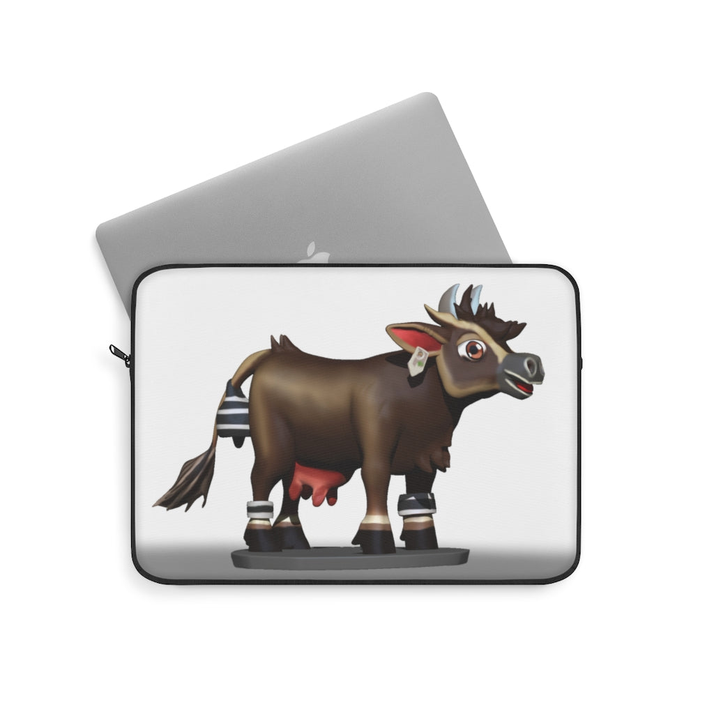 Dark Brown Cow Laptop Sleeve featuring a stylish cow print design with a black backside and zipper.