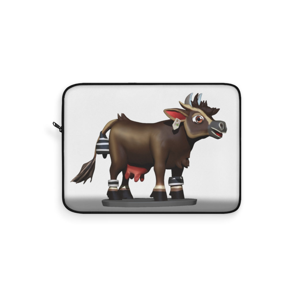 Dark Brown Cow Laptop Sleeve featuring a stylish cow print design with a black backside and zipper.