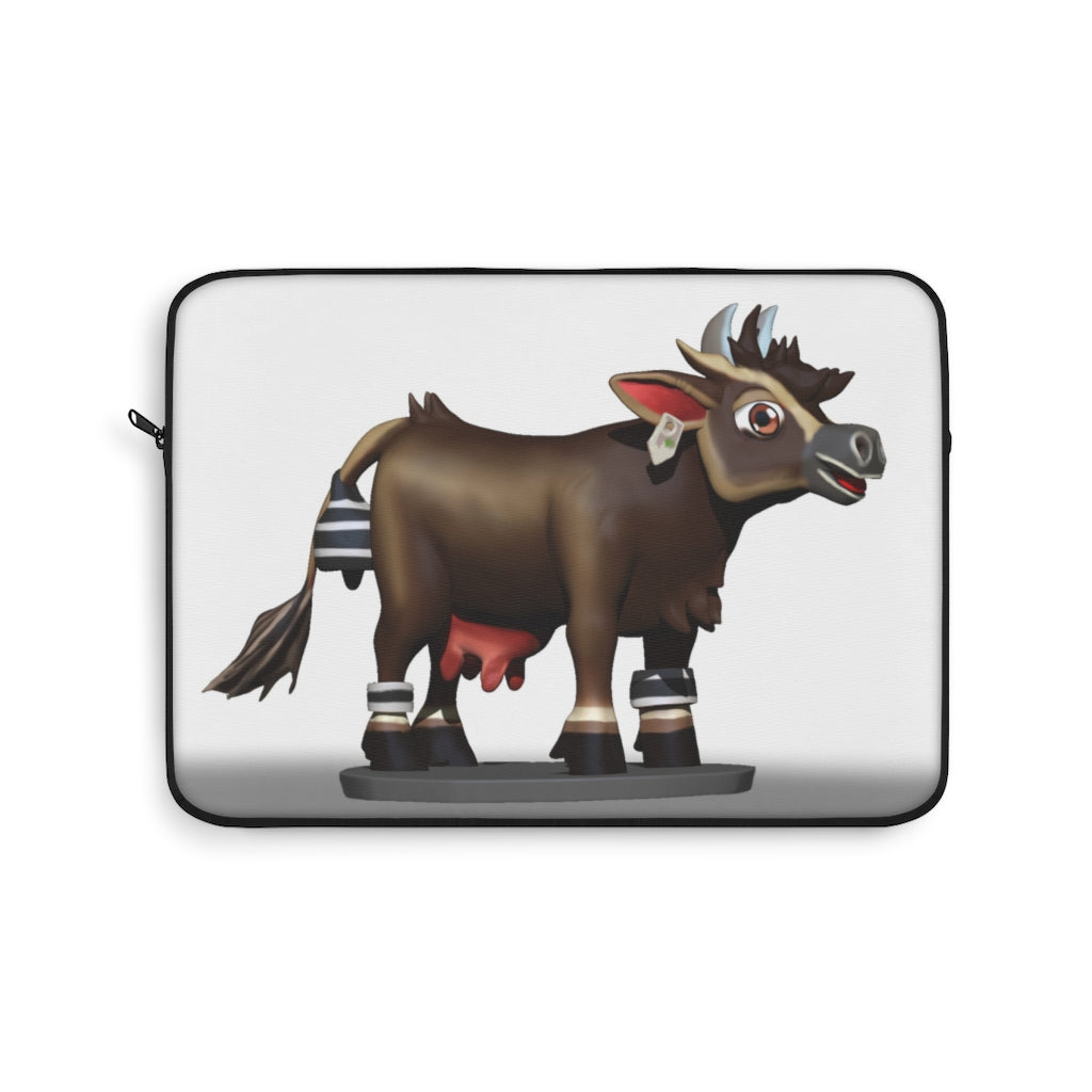 Dark Brown Cow Laptop Sleeve featuring a stylish cow print design with a black backside and zipper.