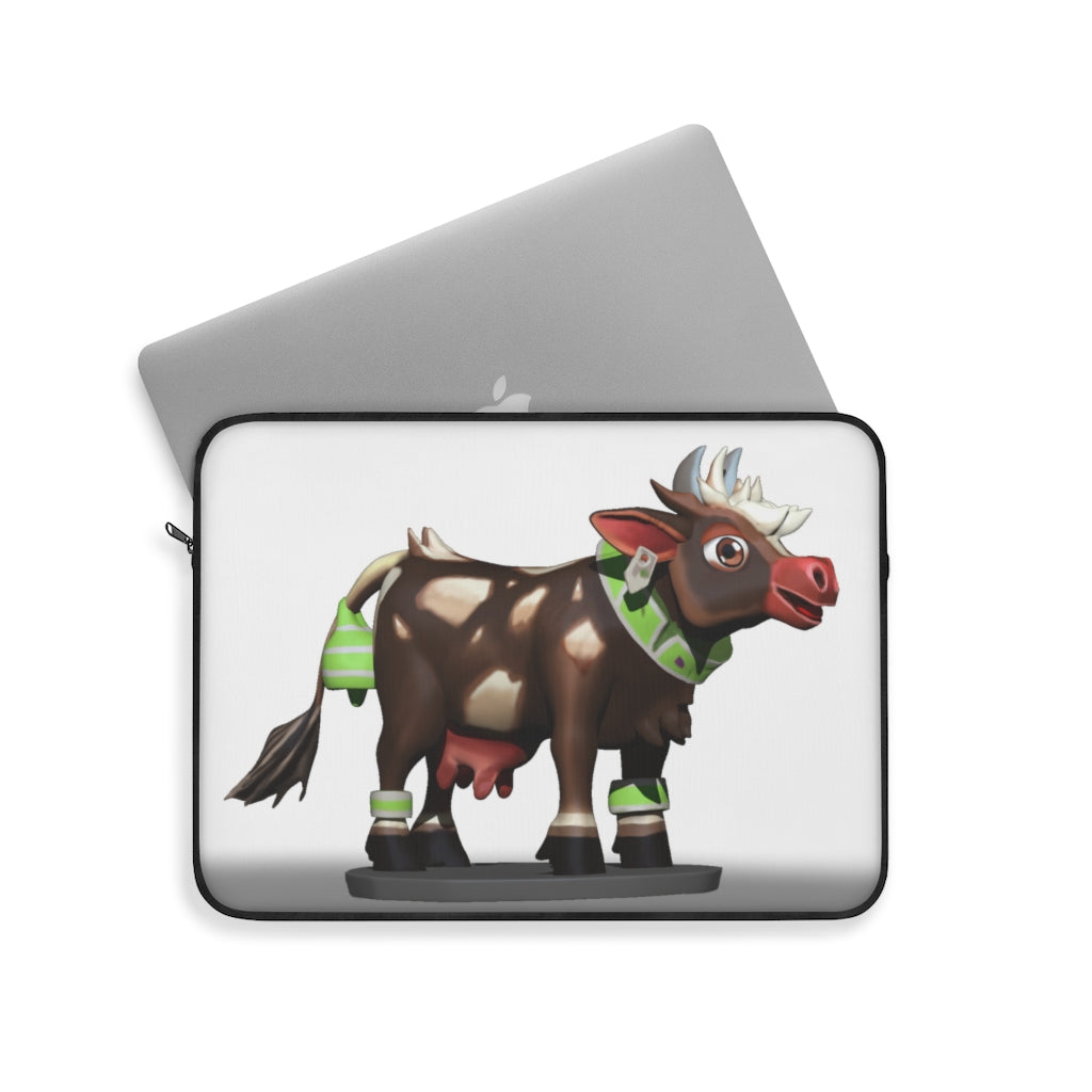 Dark Brown Cow Laptop Sleeve featuring a stylish cow print design with a black backside and zipper.