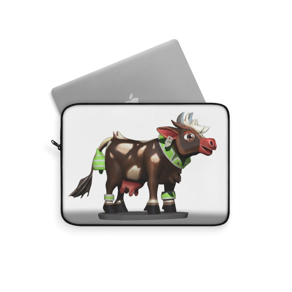 Dark Brown Cow Laptop Sleeve featuring a stylish cow print design with a black backside and zipper.