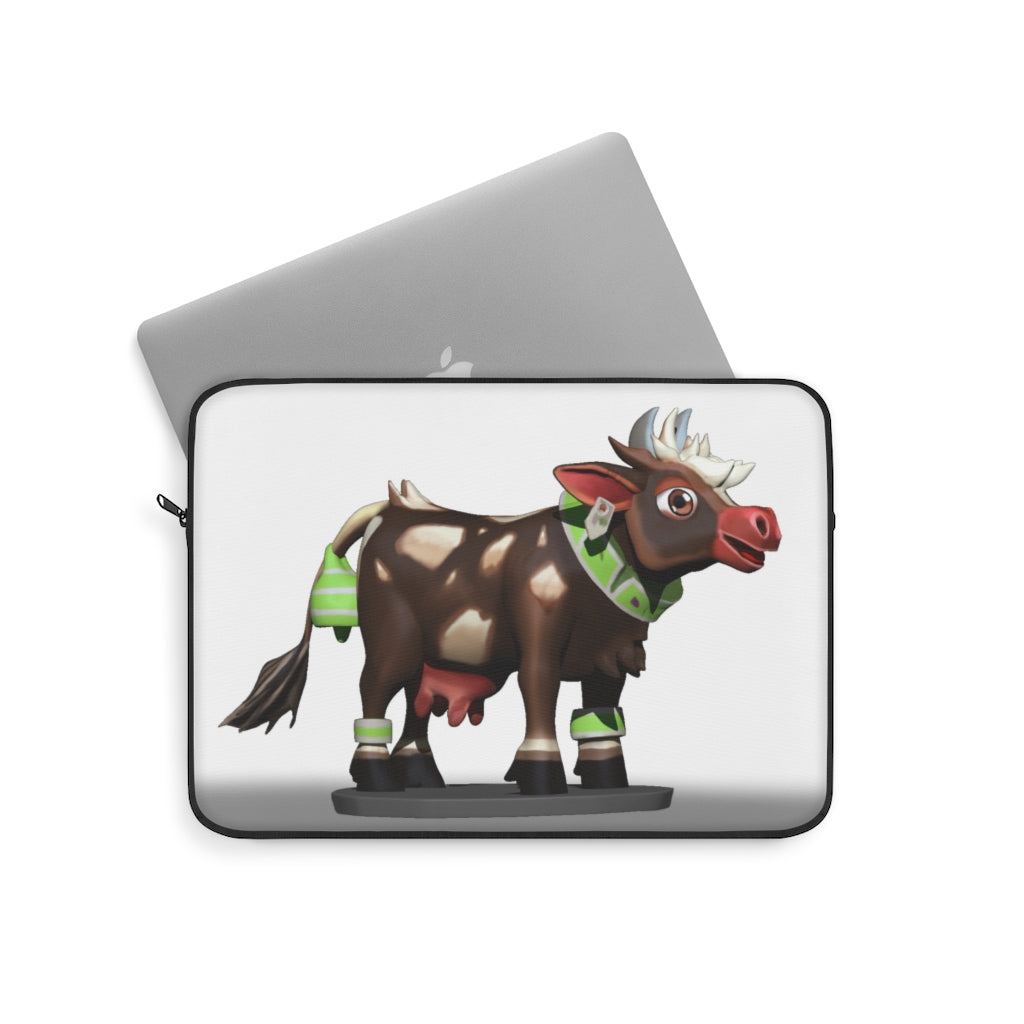 Dark Brown Cow Laptop Sleeve featuring a stylish cow print design with a black backside and zipper.