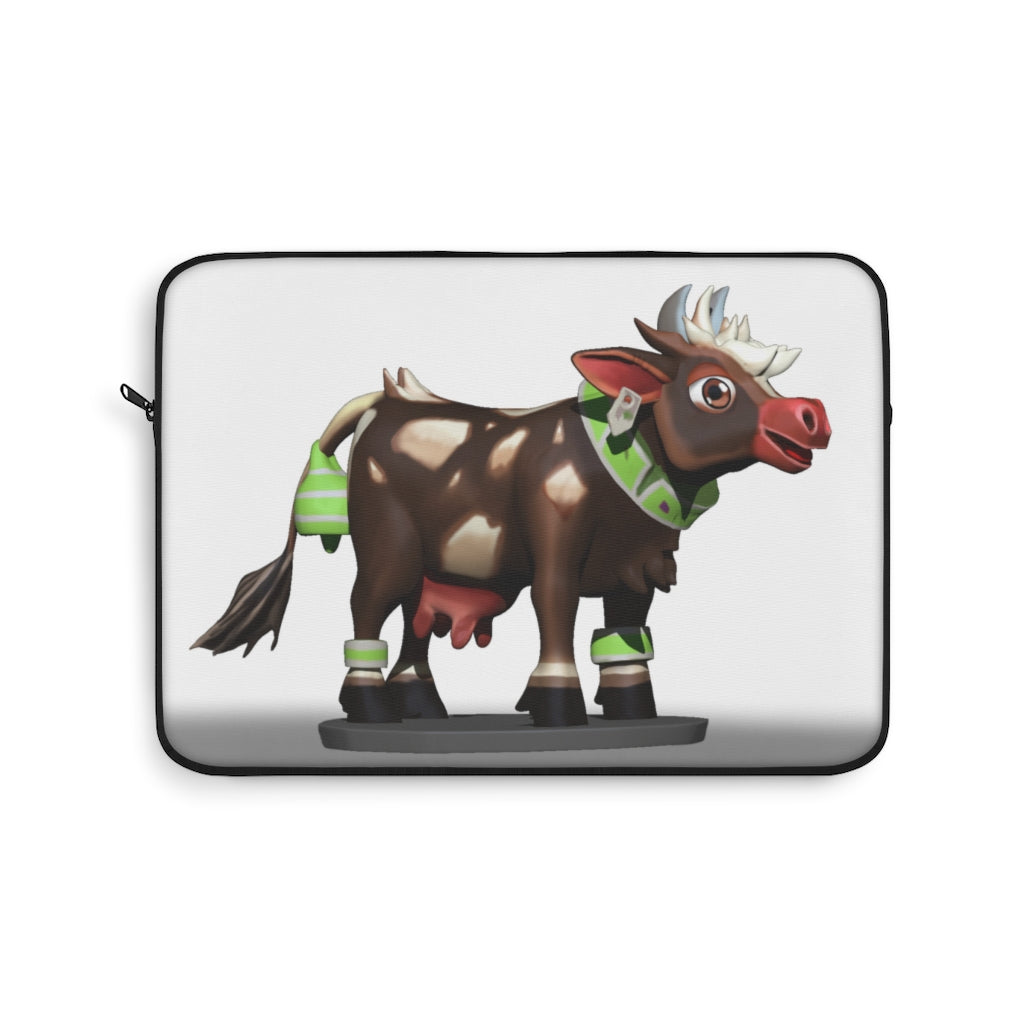 Dark Brown Cow Laptop Sleeve featuring a stylish cow print design with a black backside and zipper.