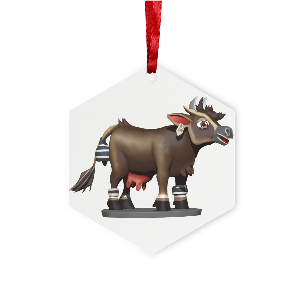 Dark Brown Cow Metal Hanging Ornament with red ribbon and gold string, available in hexagon and star shapes, elegantly displayed in a white box.