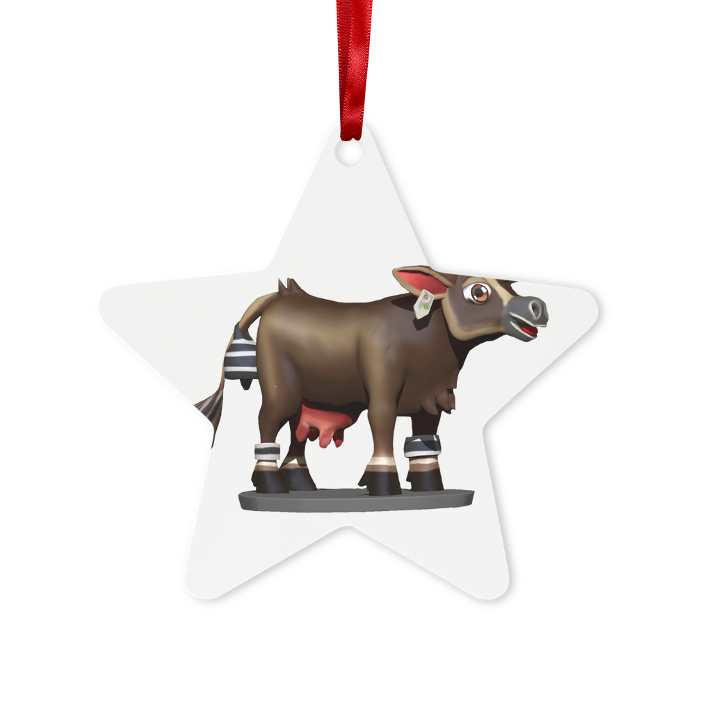 Dark Brown Cow Metal Hanging Ornament with red ribbon and gold string, available in hexagon and star shapes, elegantly displayed in a white box.