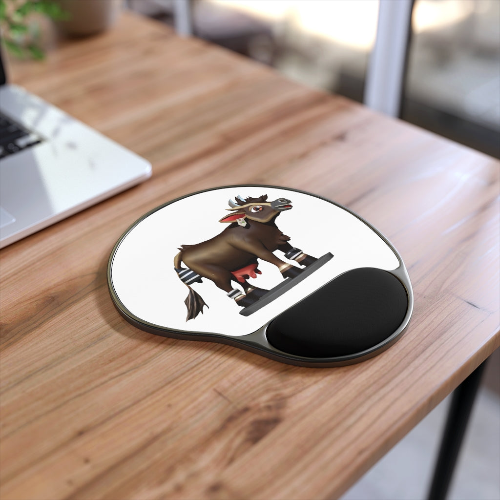 Dark brown cow mouse pad with ergonomic wrist rest, featuring a unique design and a soft Memory Foam™ support.