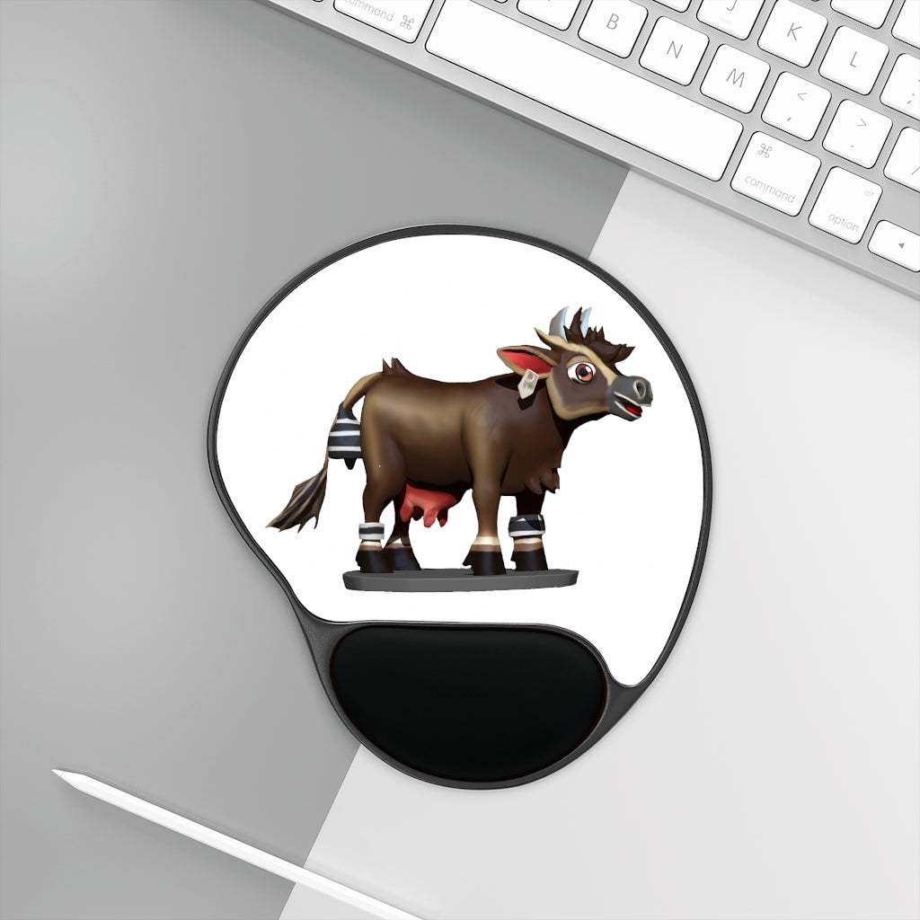 Dark brown cow mouse pad with ergonomic wrist rest, featuring a unique design and a soft Memory Foam™ support.