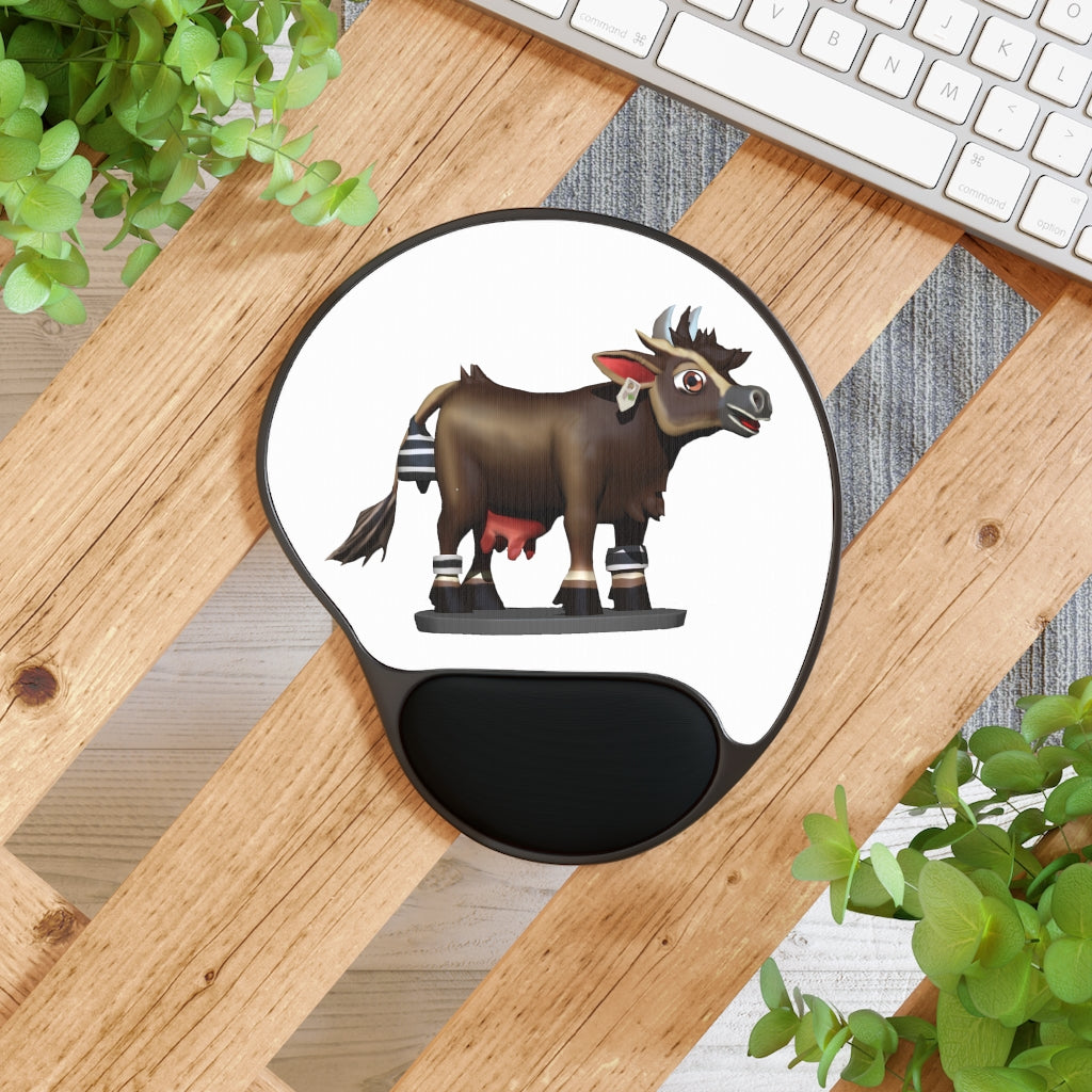 Dark brown cow mouse pad with ergonomic wrist rest, featuring a unique design and a soft Memory Foam™ support.