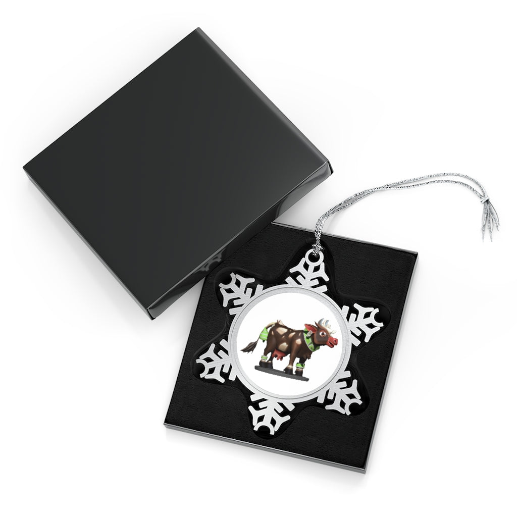 Dark Brown Cow Pewter Snowflake Ornament with silver-toned hanging string, showcasing intricate snowflake design.