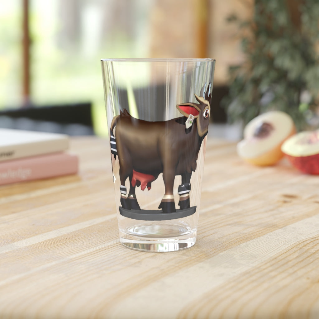 Dark Brown Cow Pint Glass, 16oz, clear glass with custom design options, perfect for beverages.